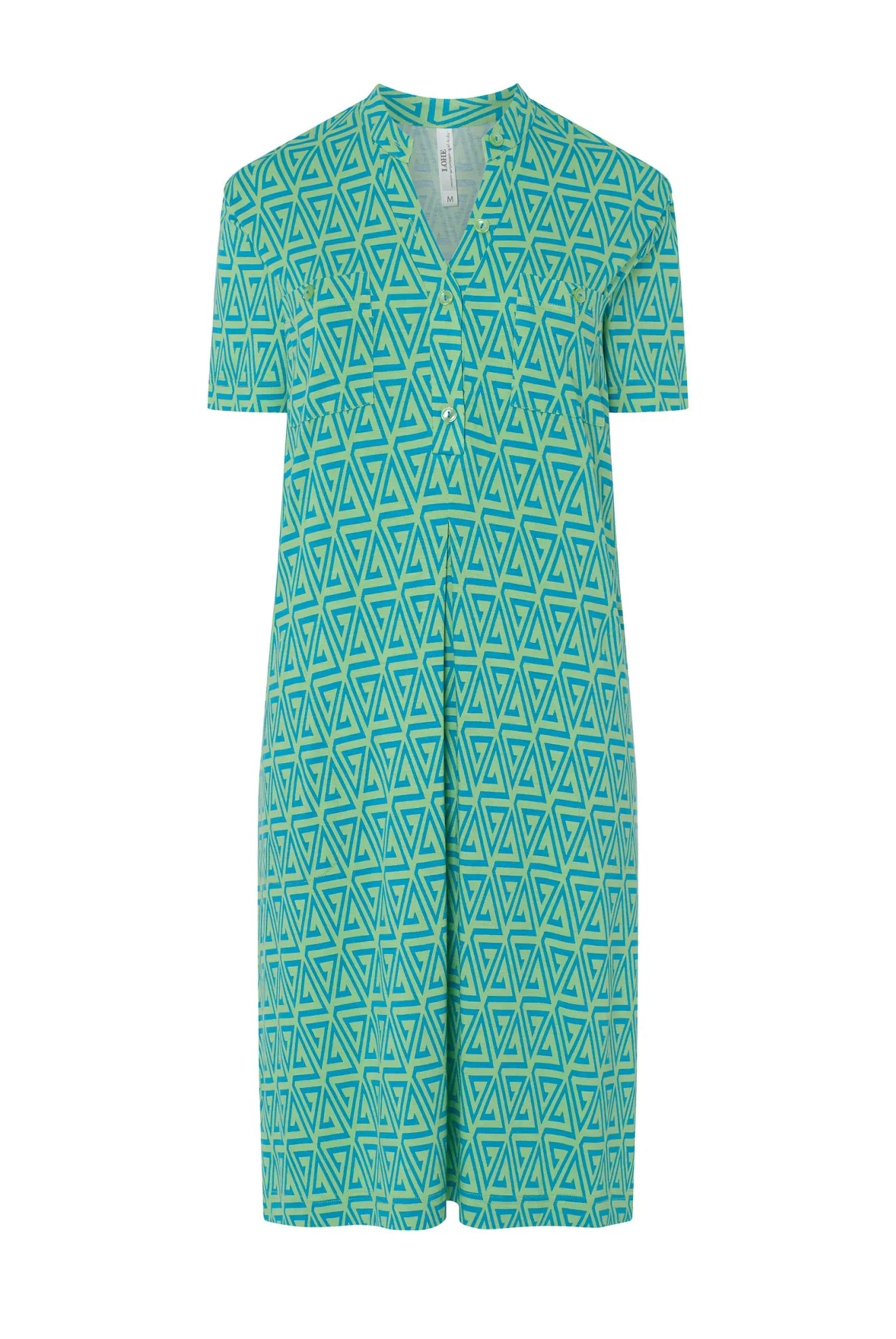 Vestido corto de baño viscosa abierto con pata y botones, geométrico verde, manga corta, cuello tirilla y con bolsillos