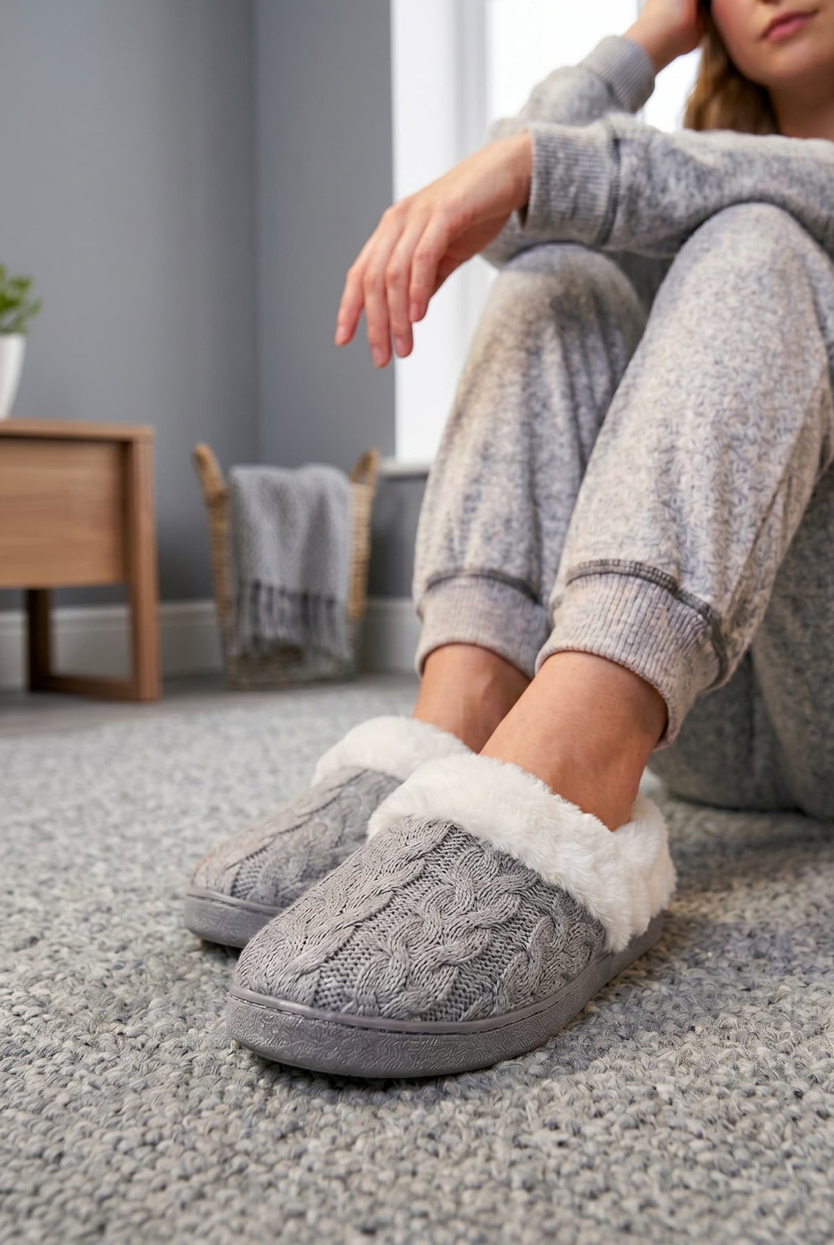 Persona sentada sobre una alfombra, calzando unas botas de invierno cerradas de la marca Lohe, modelo «Vigoré» trenzado en color gris con forro de borreguillo blanco.