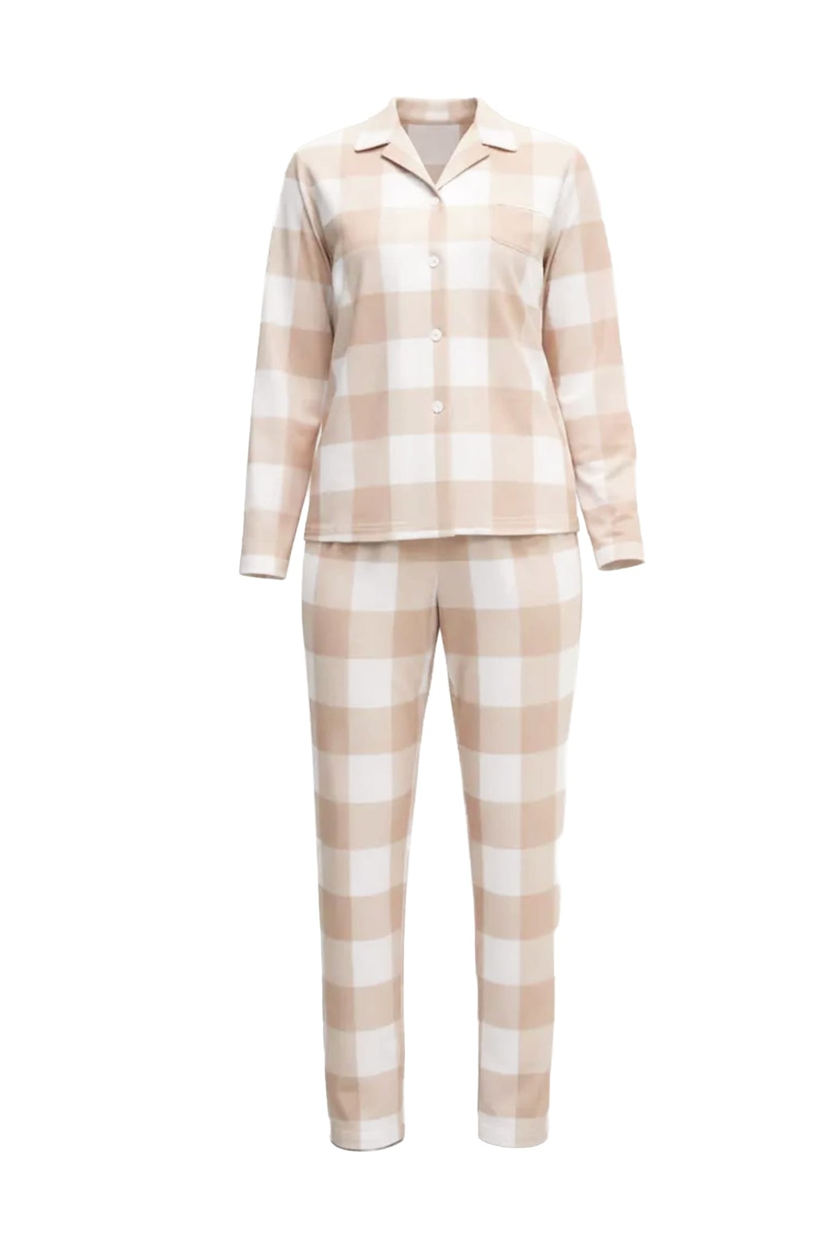 Pijama de invierno manga larga abierto de cuadros camel