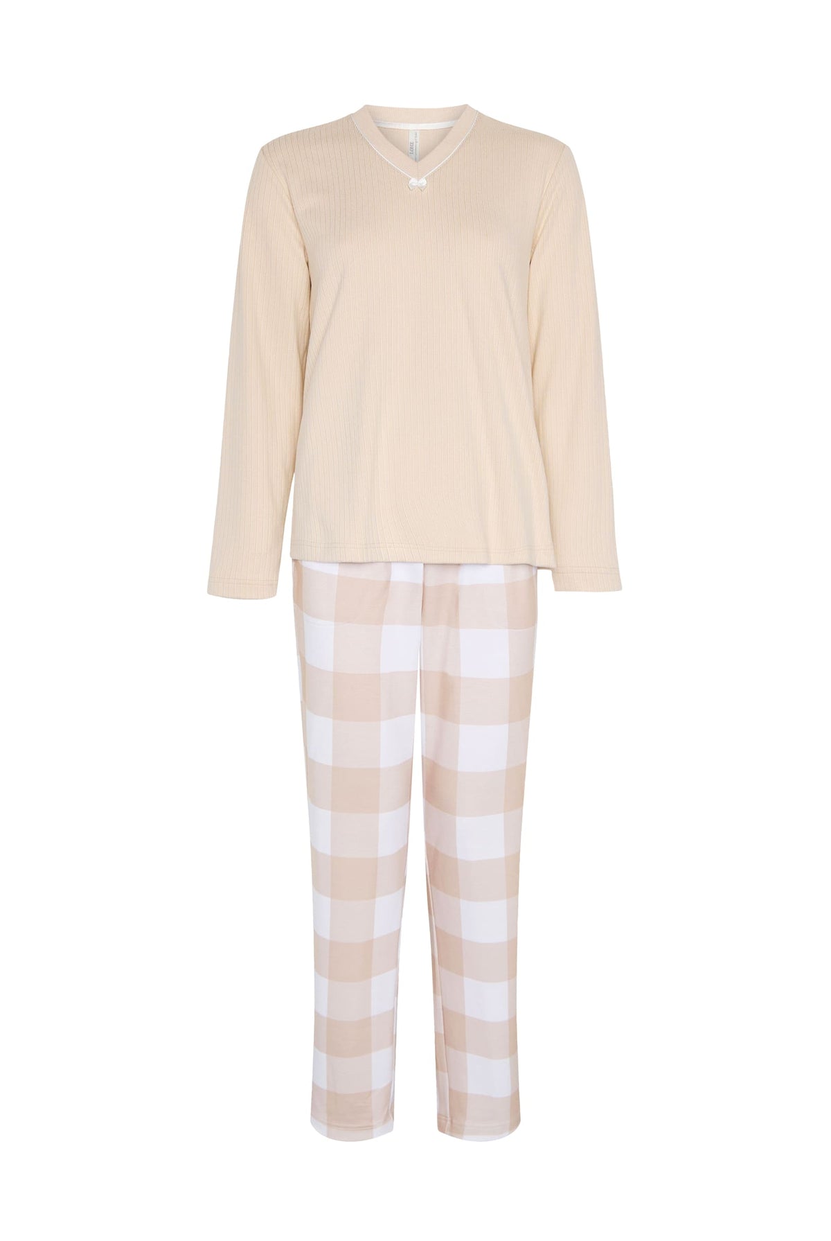 Pijama de invierno manga larga canalé camel cuello pico