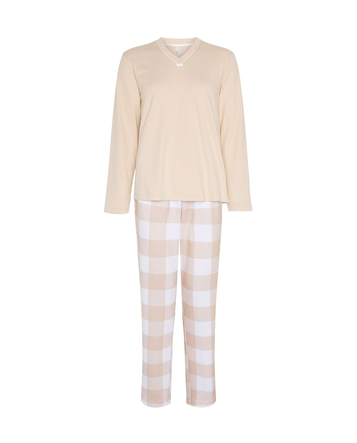 Pijama de invierno manga larga canalé camel cuello pico