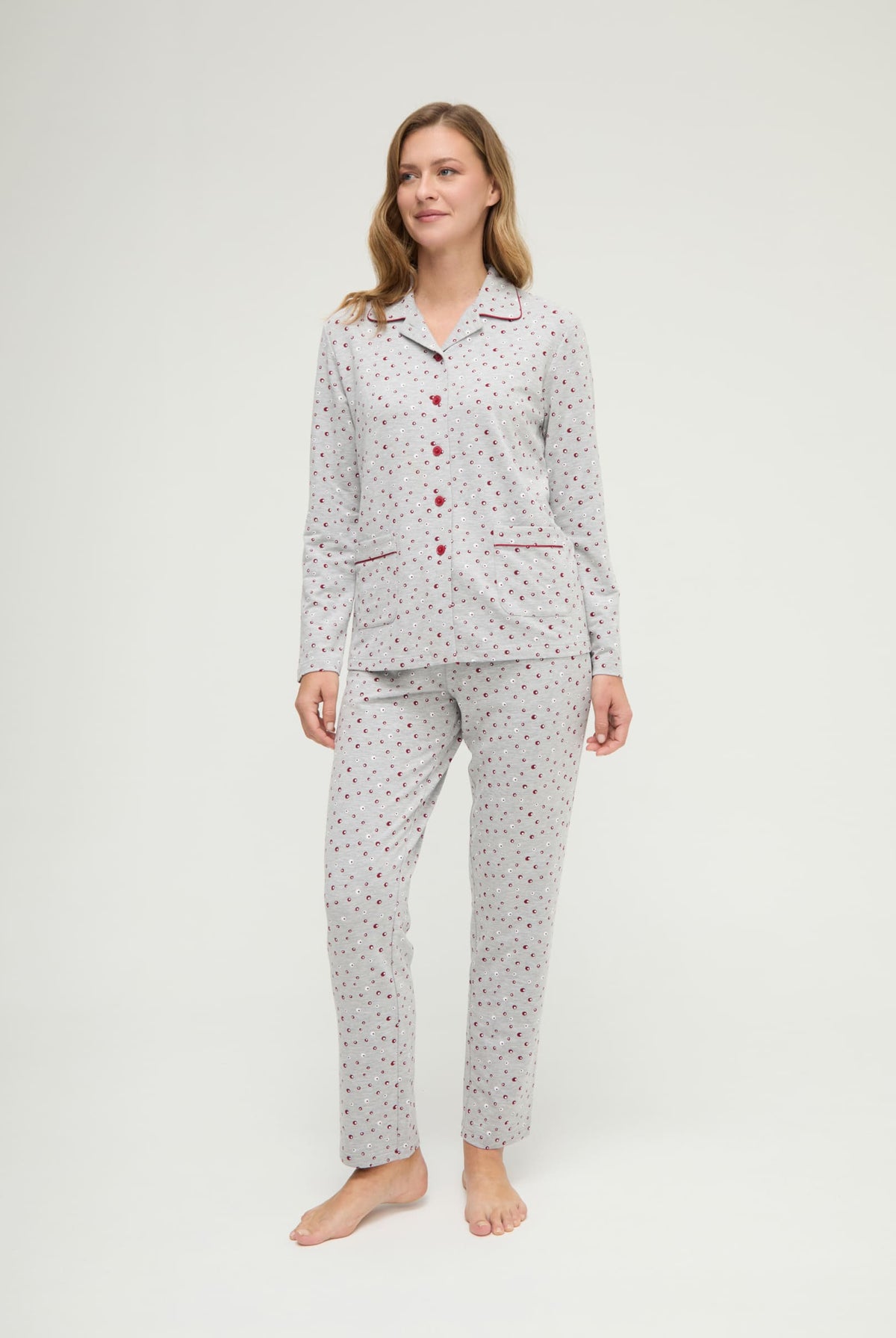 Pijama de invierno manga larga abierto vigoré burdeos de topos