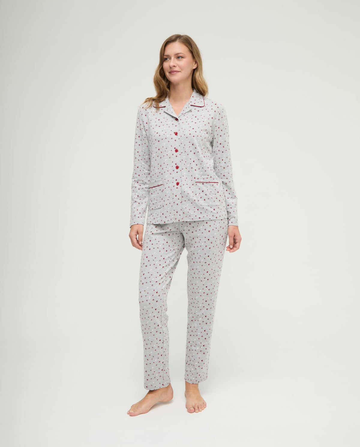 Pijama de invierno manga larga abierto vigoré burdeos de topos