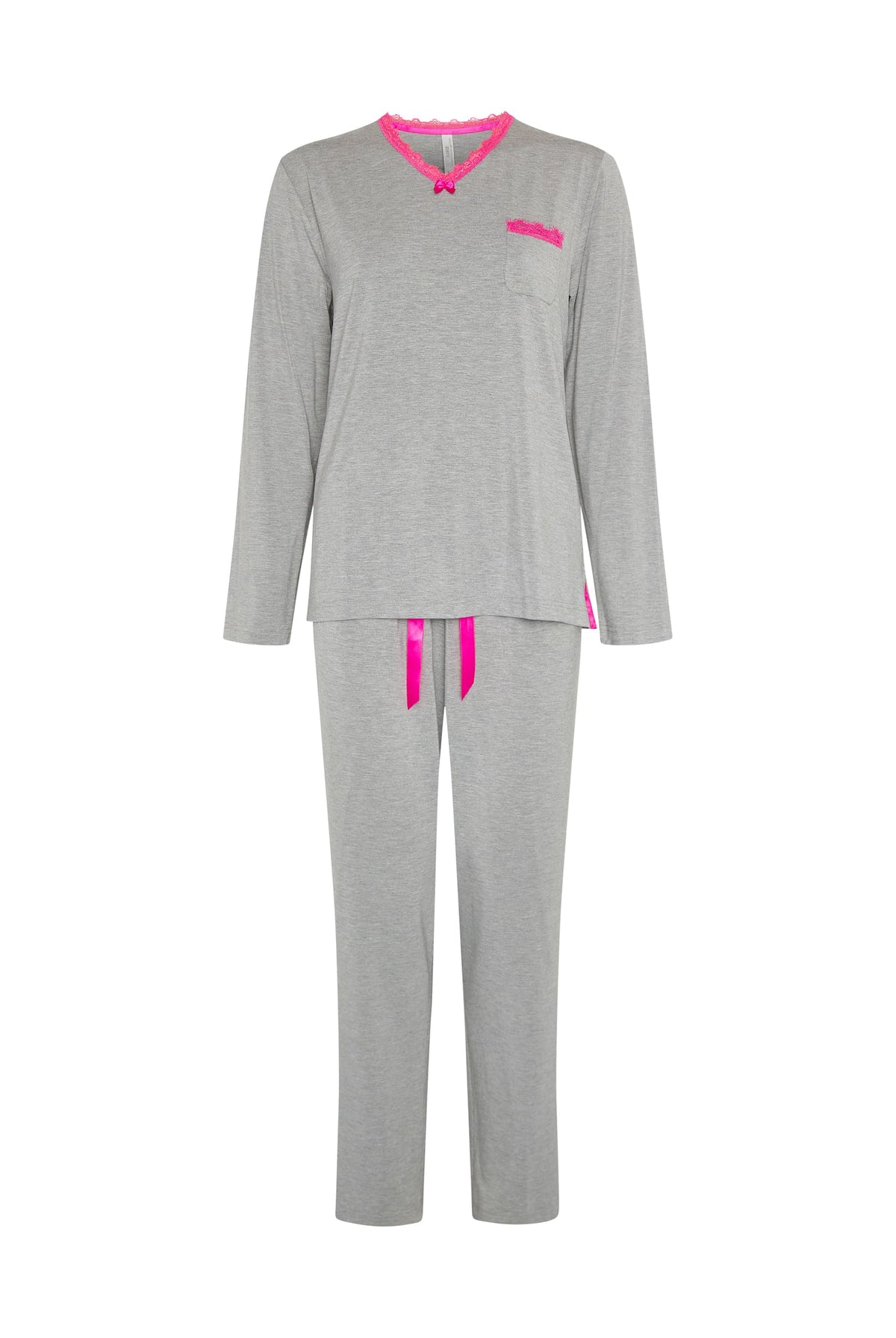 Pijama de invierno manga larga vigoré gris cuello pico con puntilla