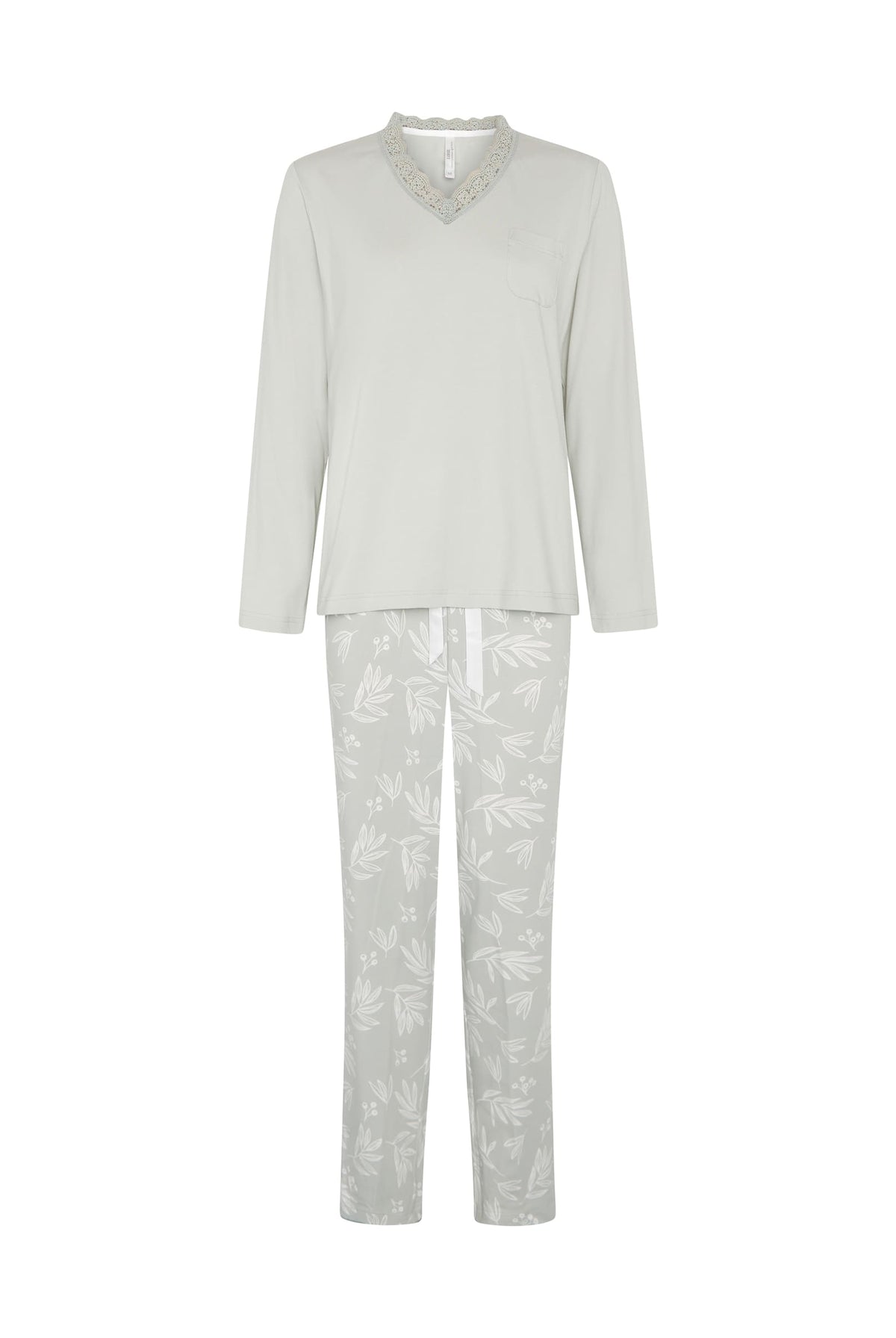 Pijama de invierno manga larga verde de hojas con puntilla