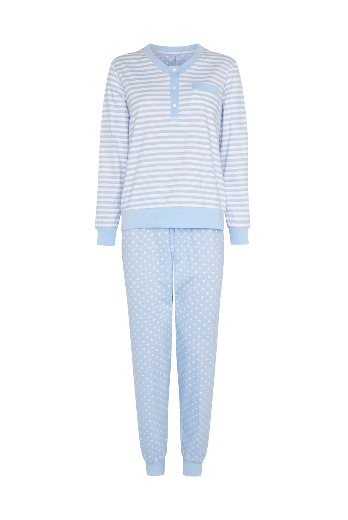 Pijama de invierno manga larga celeste de rayas y topos