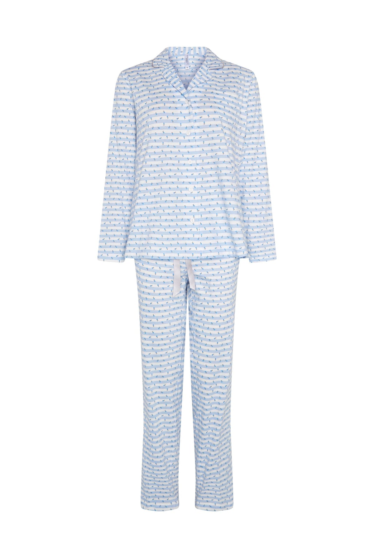 Pijama de invierno manga francesa abierto celeste de rayas y flores