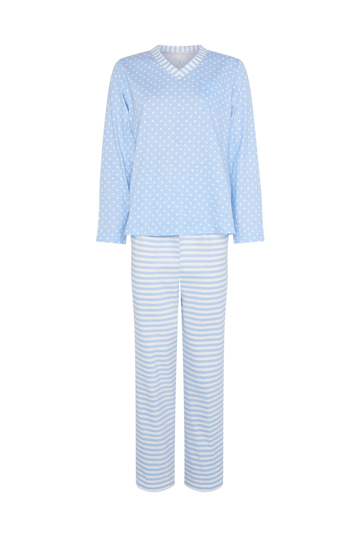 Pijama de invierno manga larga celeste cuello pico de topos y rayas