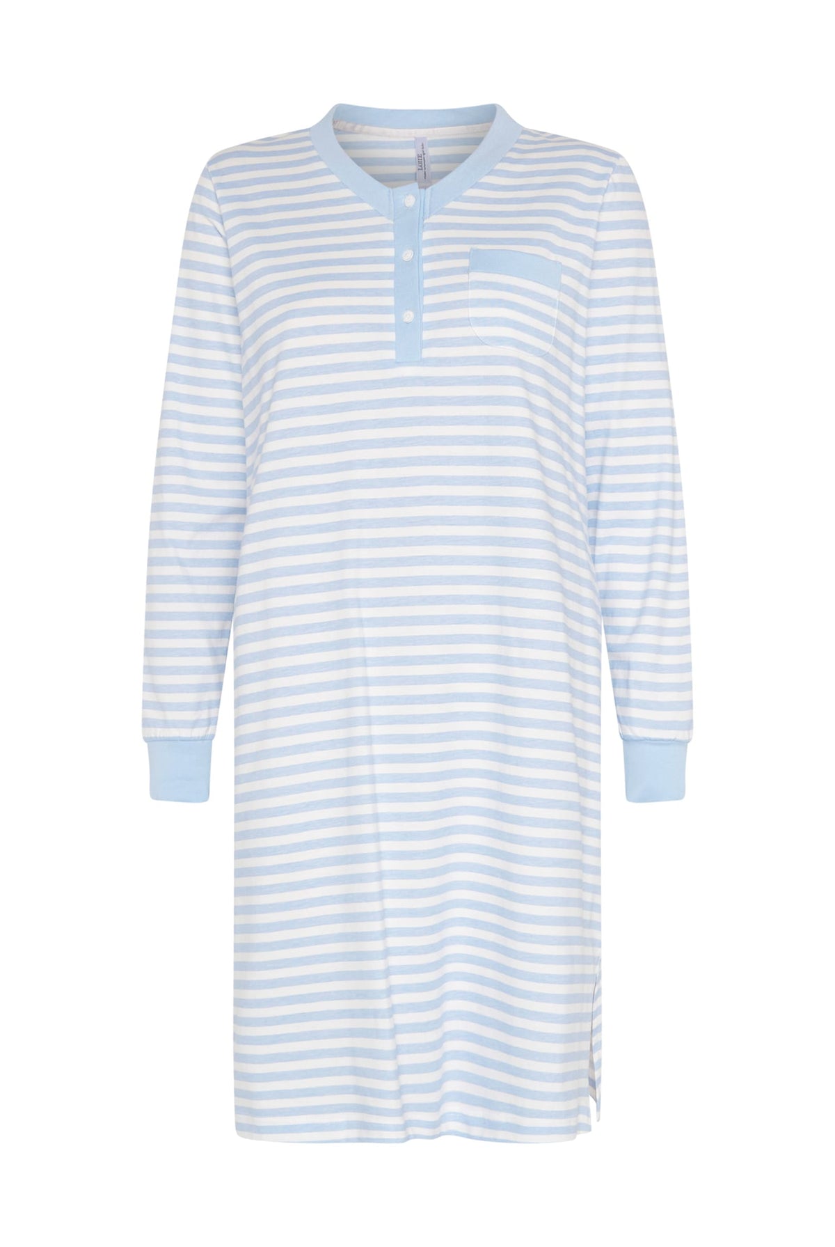 Camisón de invierno manga larga celeste cuello pico de rayas