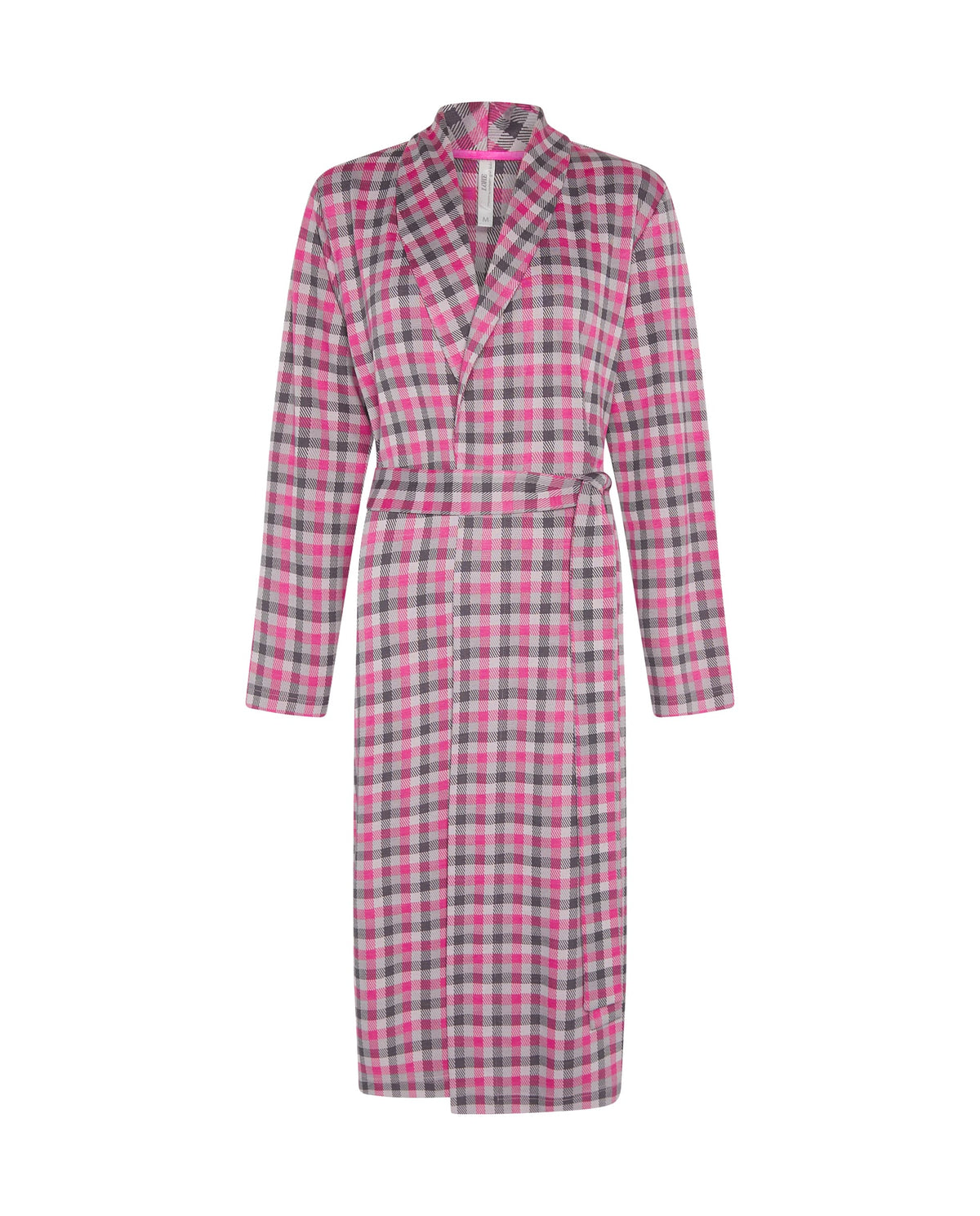 Bata cruzada de invierno midi de cuadros fucsia con cinturón