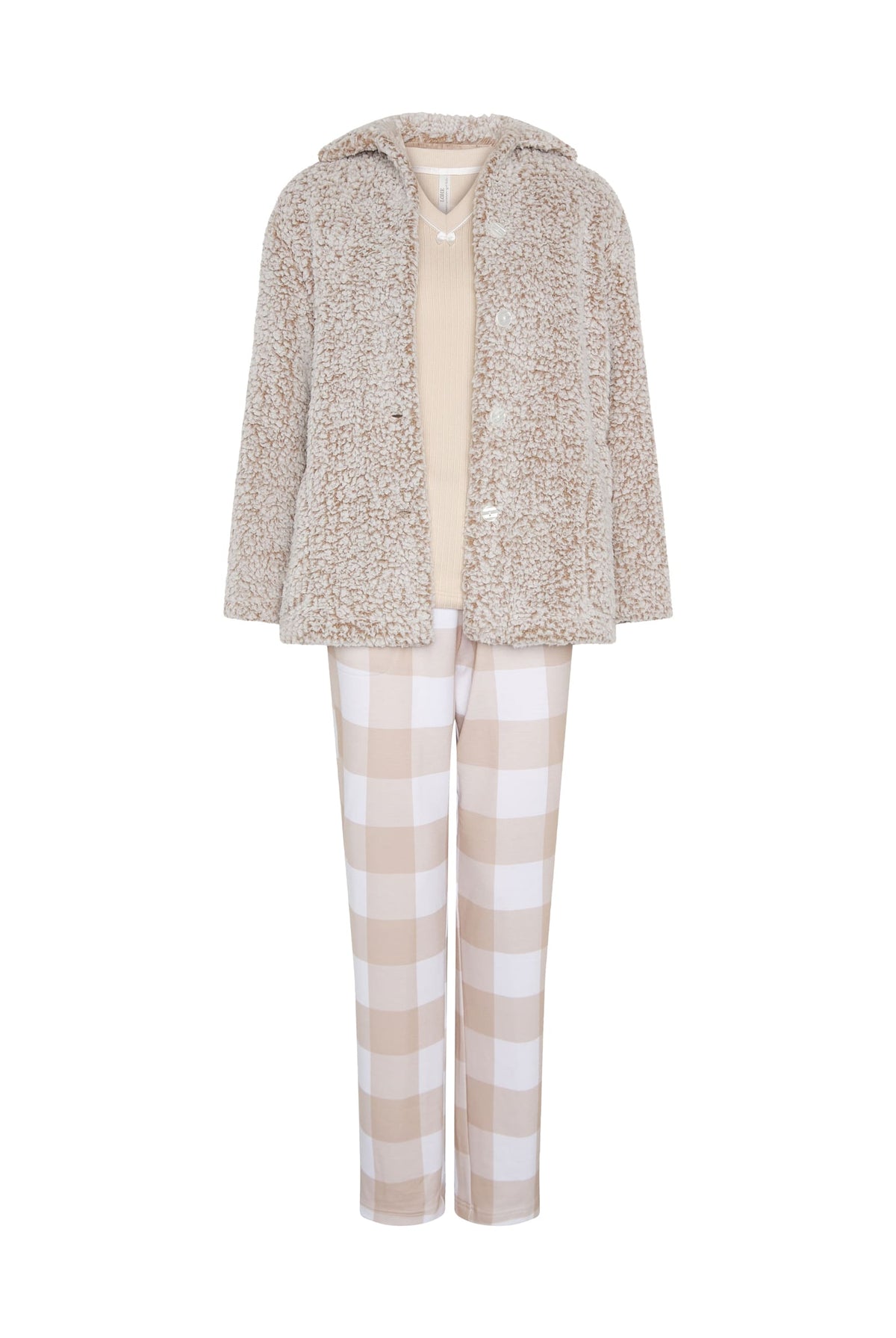 Conjunto pijama y bata de invierno canalé camel de cuadros