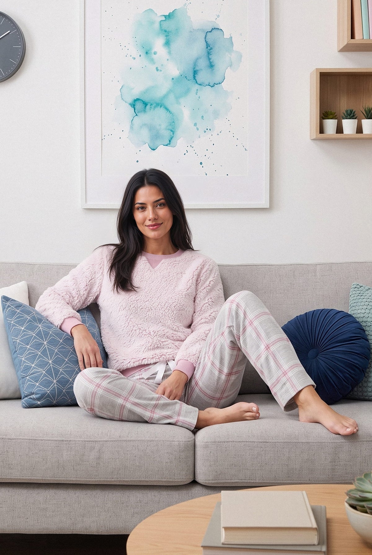 Mujer sentada en un sofá con el pijama de invierno Lohe de manga larga, confeccionado en borreguillo de color malva y pantalones a cuadros.