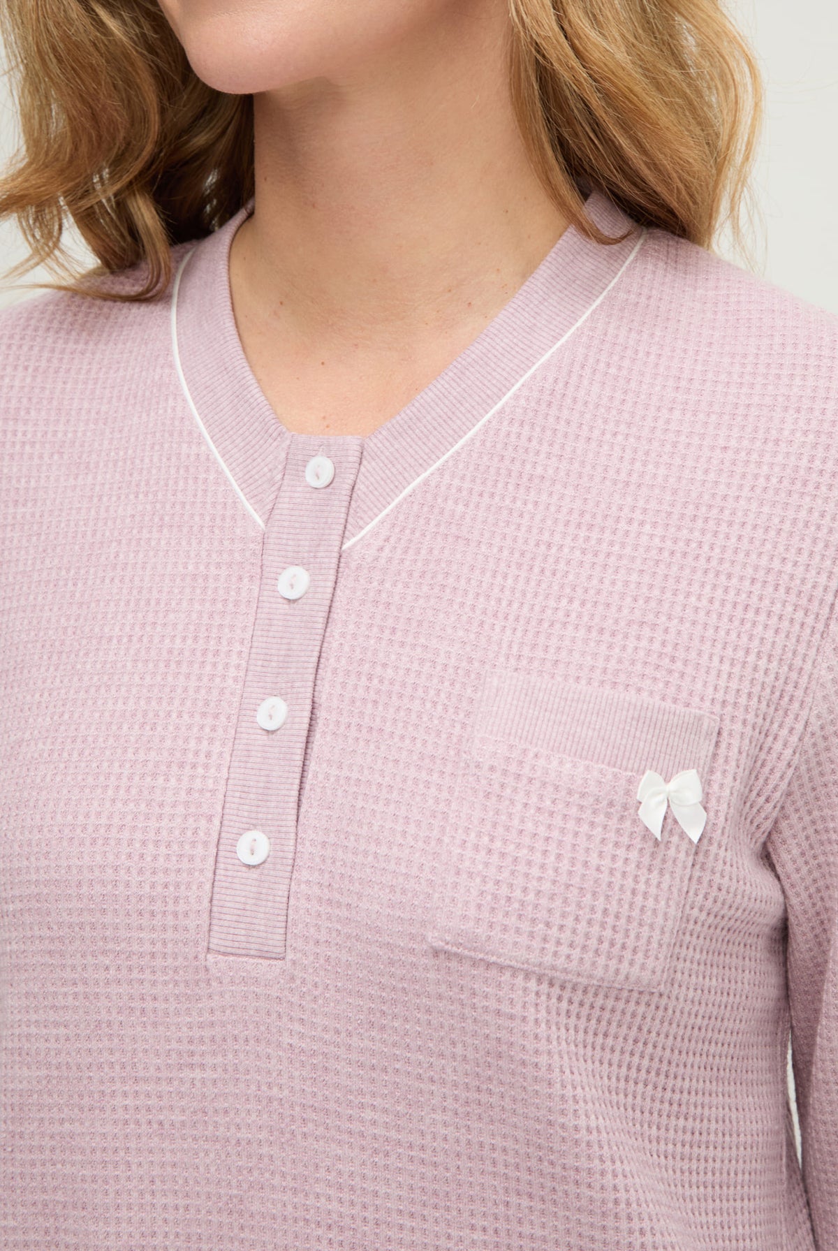 Camisón de invierno manga larga vigoré malva cuello pico de cuadritos