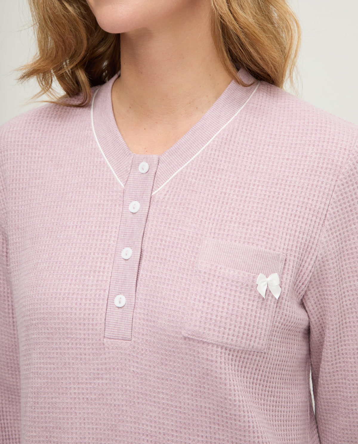 Camisón de invierno manga larga vigoré malva cuello pico de cuadritos