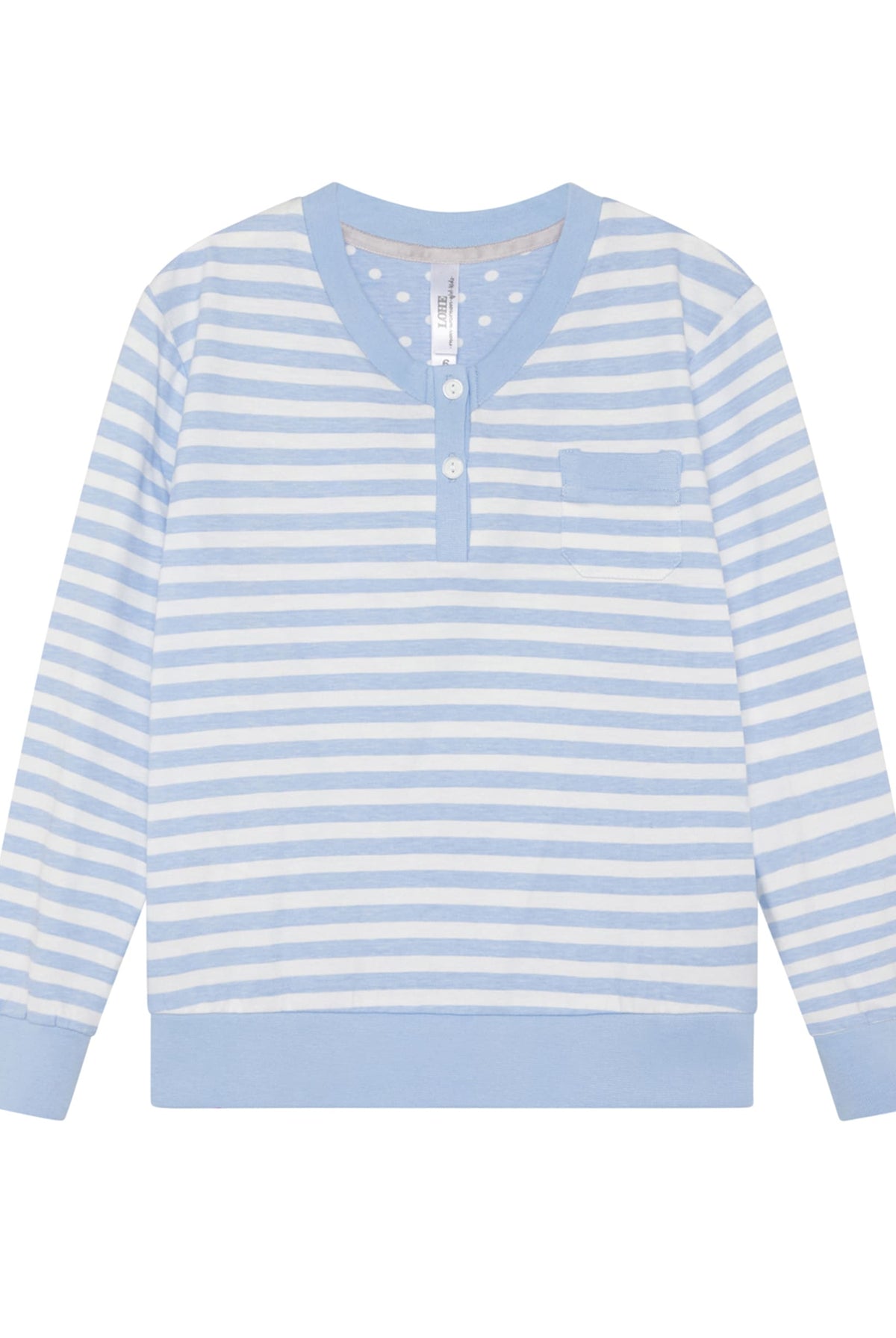 Detalle de chaquetilla de pijama de invierno de manga larga para niña celeste de rayas y topos