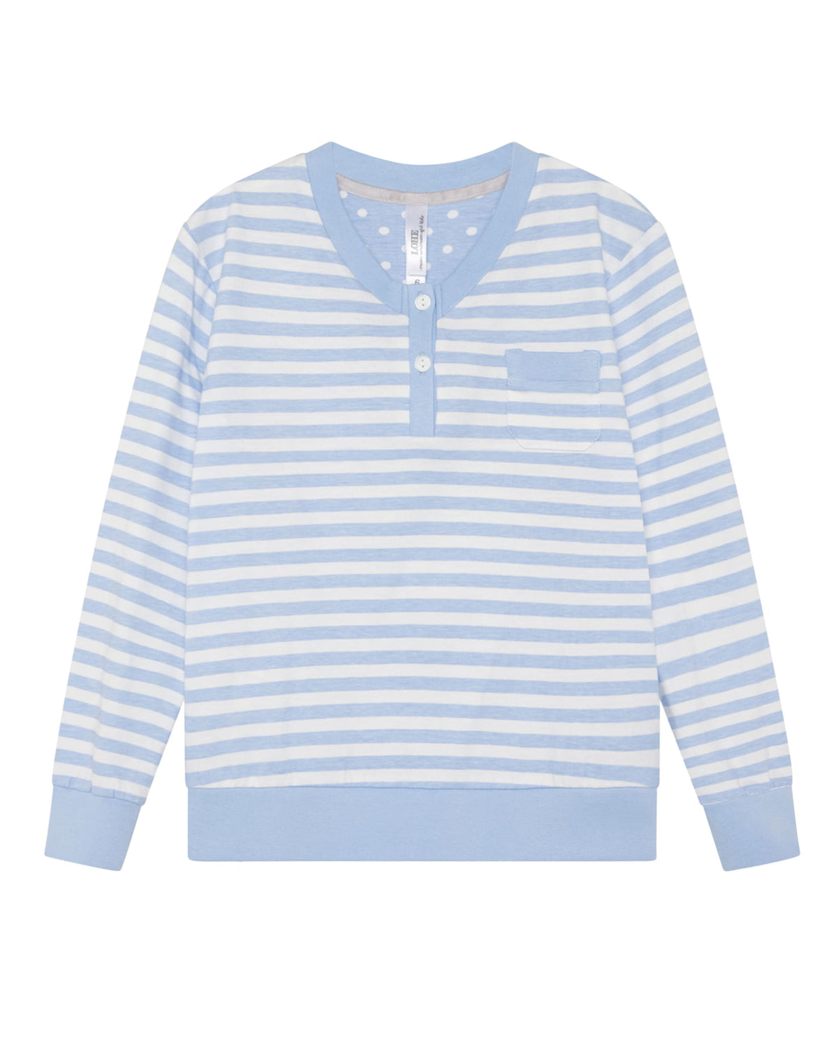 Detalle de chaquetilla de pijama de invierno de manga larga para niña celeste de rayas y topos