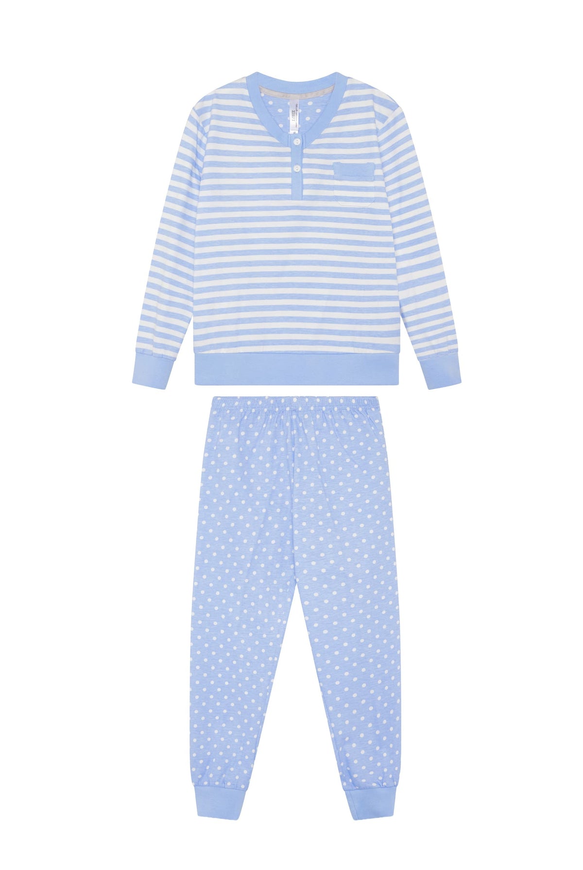 Pijama de niña de invierno manga larga celeste de rayas y topos