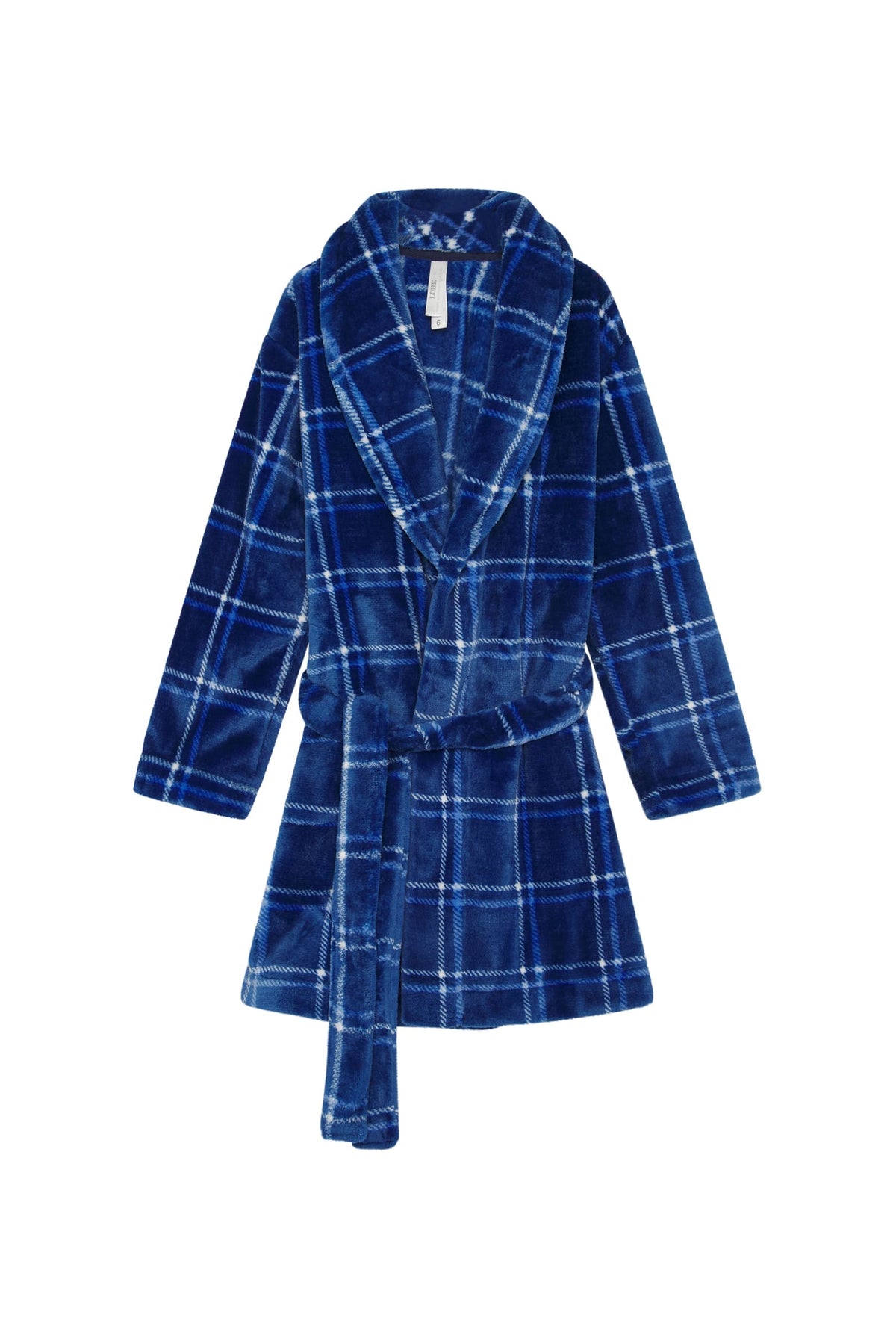 Bata de niño de invierno de cuadros azul con cinturón