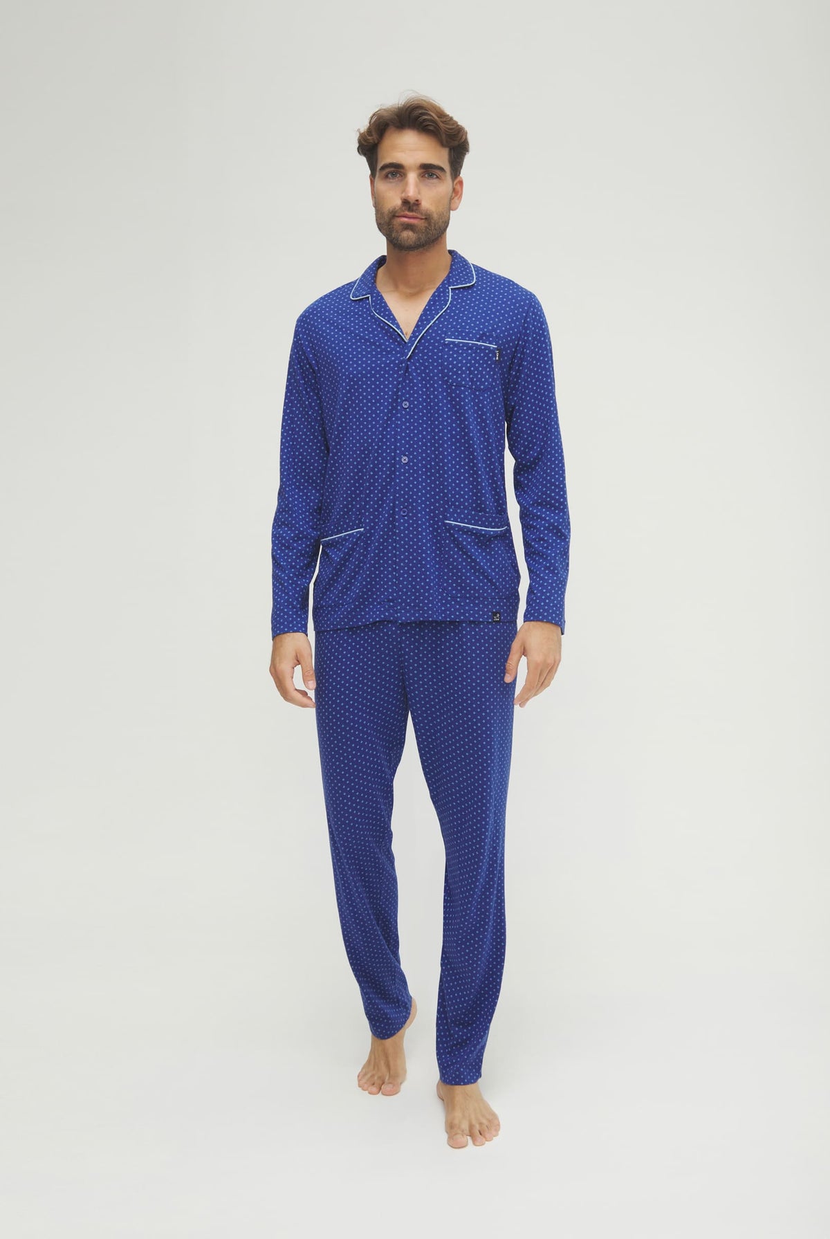 Pijama de hombre de invierno manga larga abierto azul corbatero