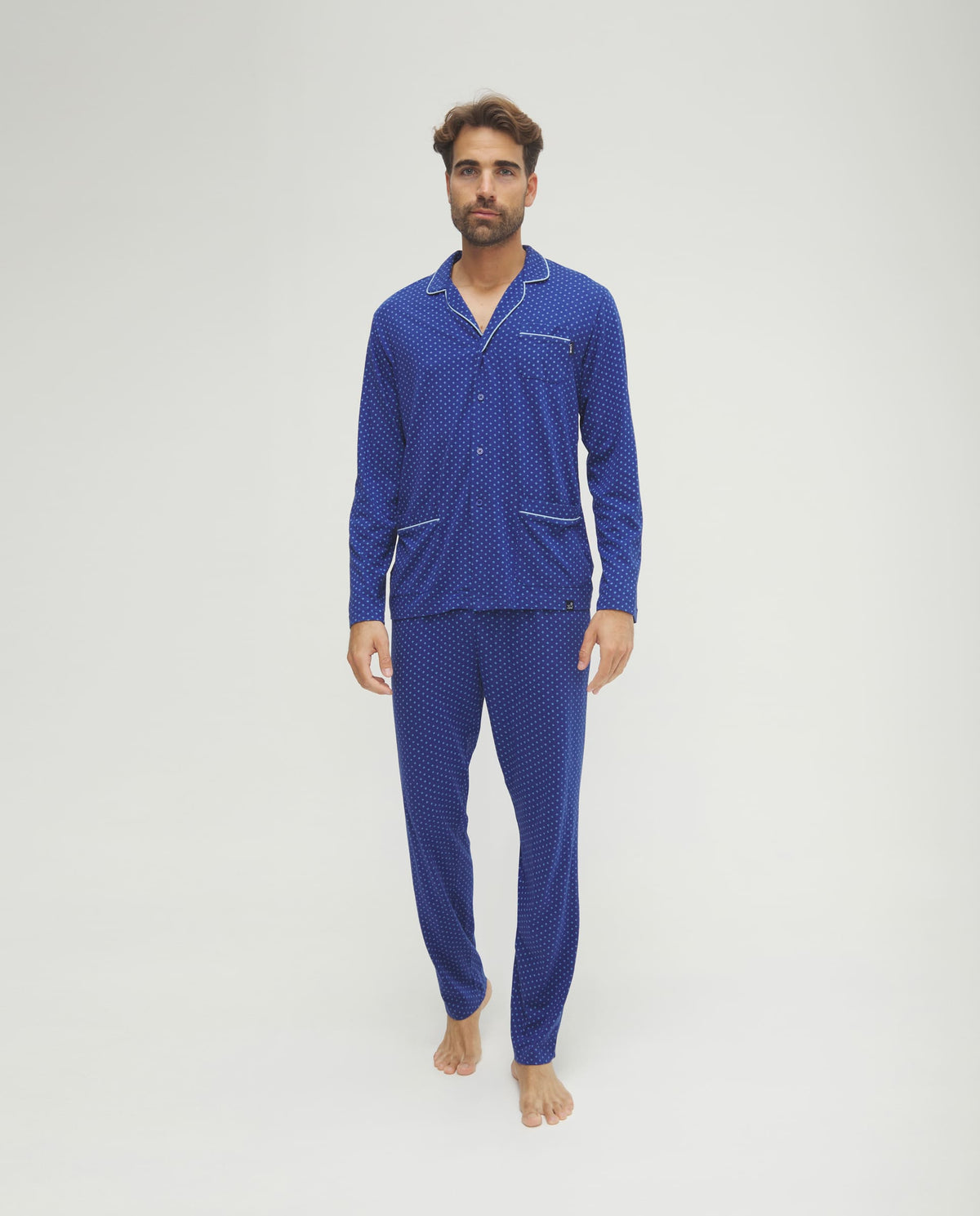 Pijama de hombre de invierno manga larga abierto azul corbatero