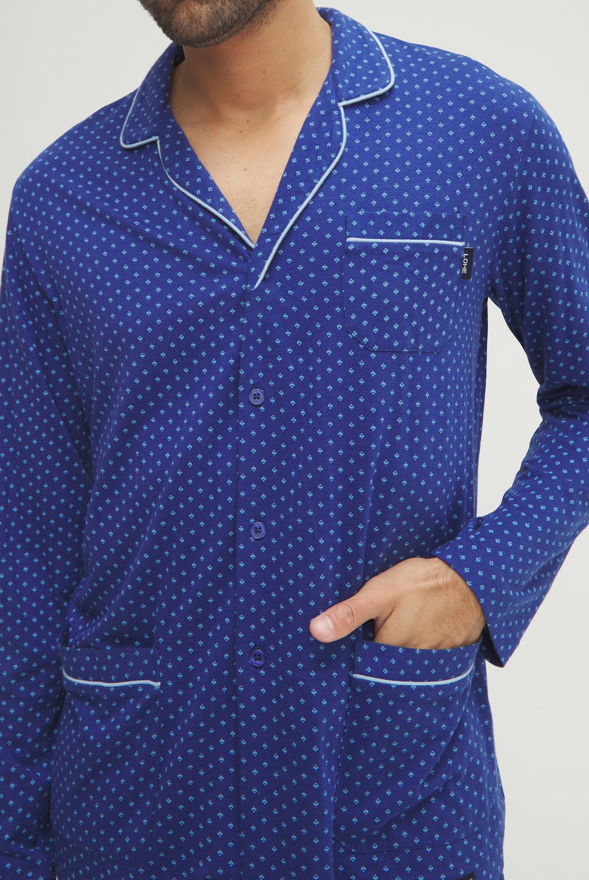 Pijama de hombre de invierno manga larga abierto azul corbatero