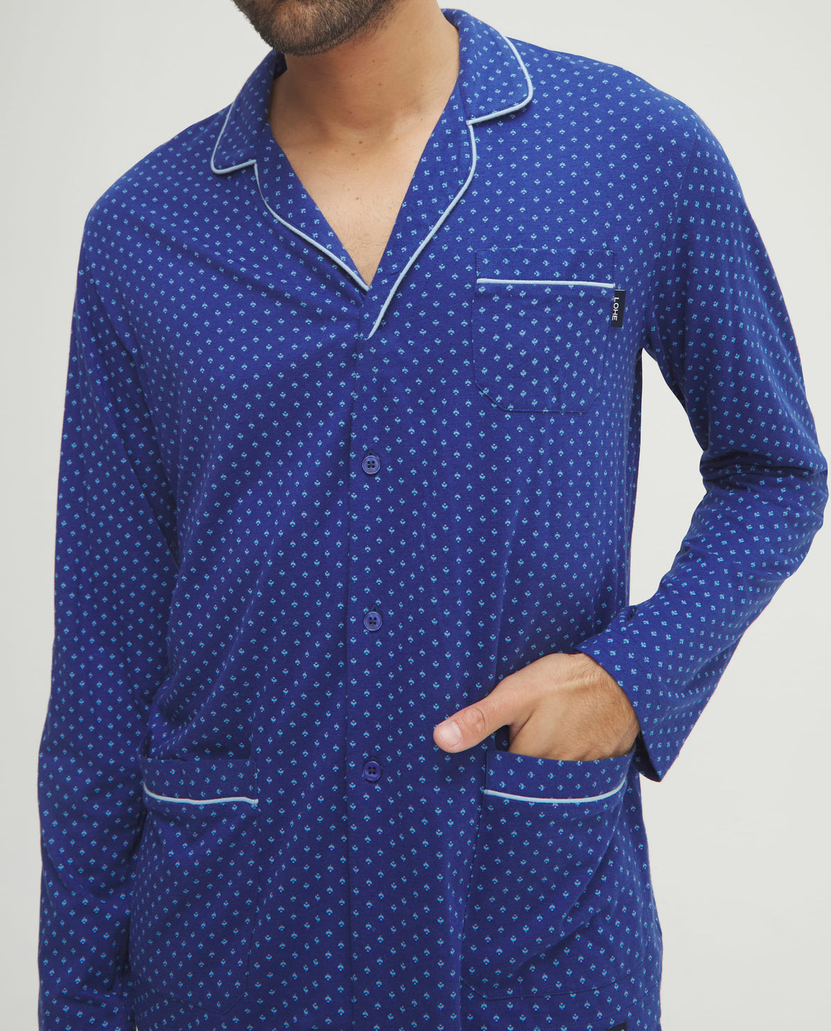 Pijama de hombre de invierno manga larga abierto azul corbatero
