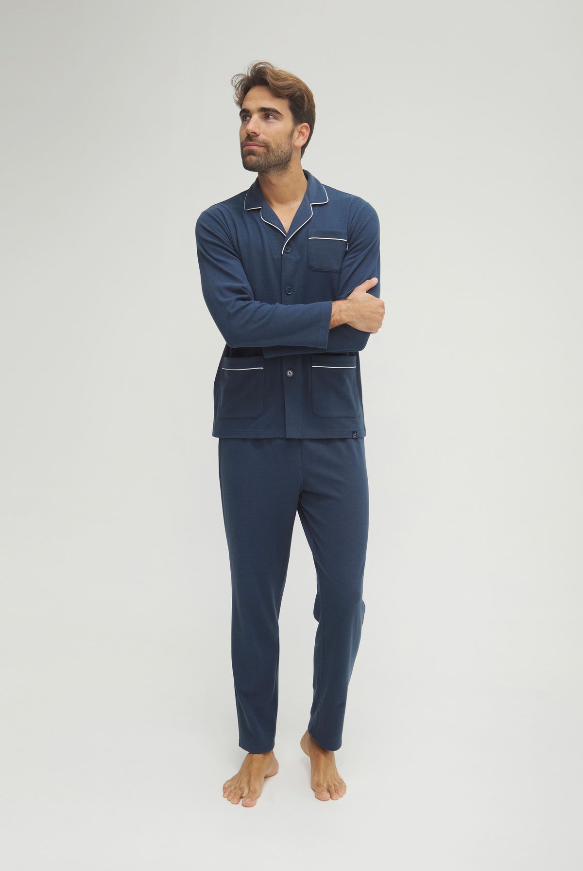 Pijama de hombre de invierno manga larga abierto gris con vivo