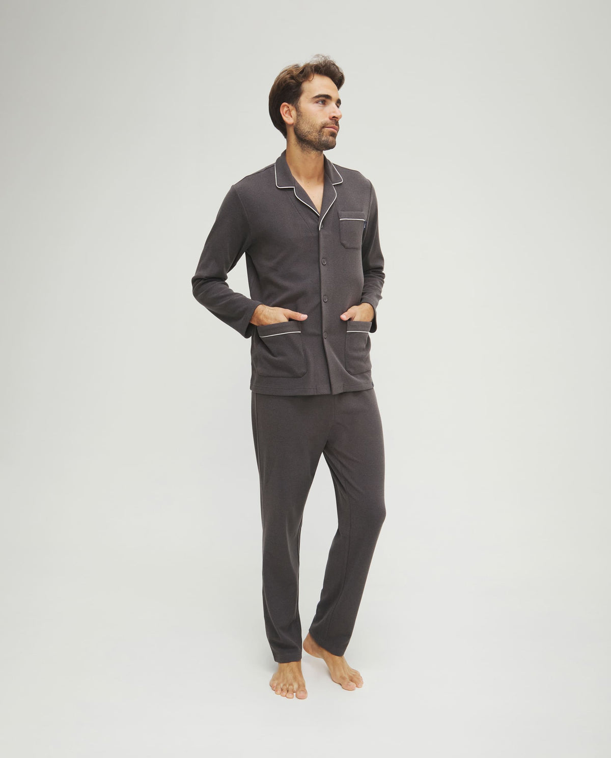 Pijama de hombre de invierno manga larga abierto gris con vivo