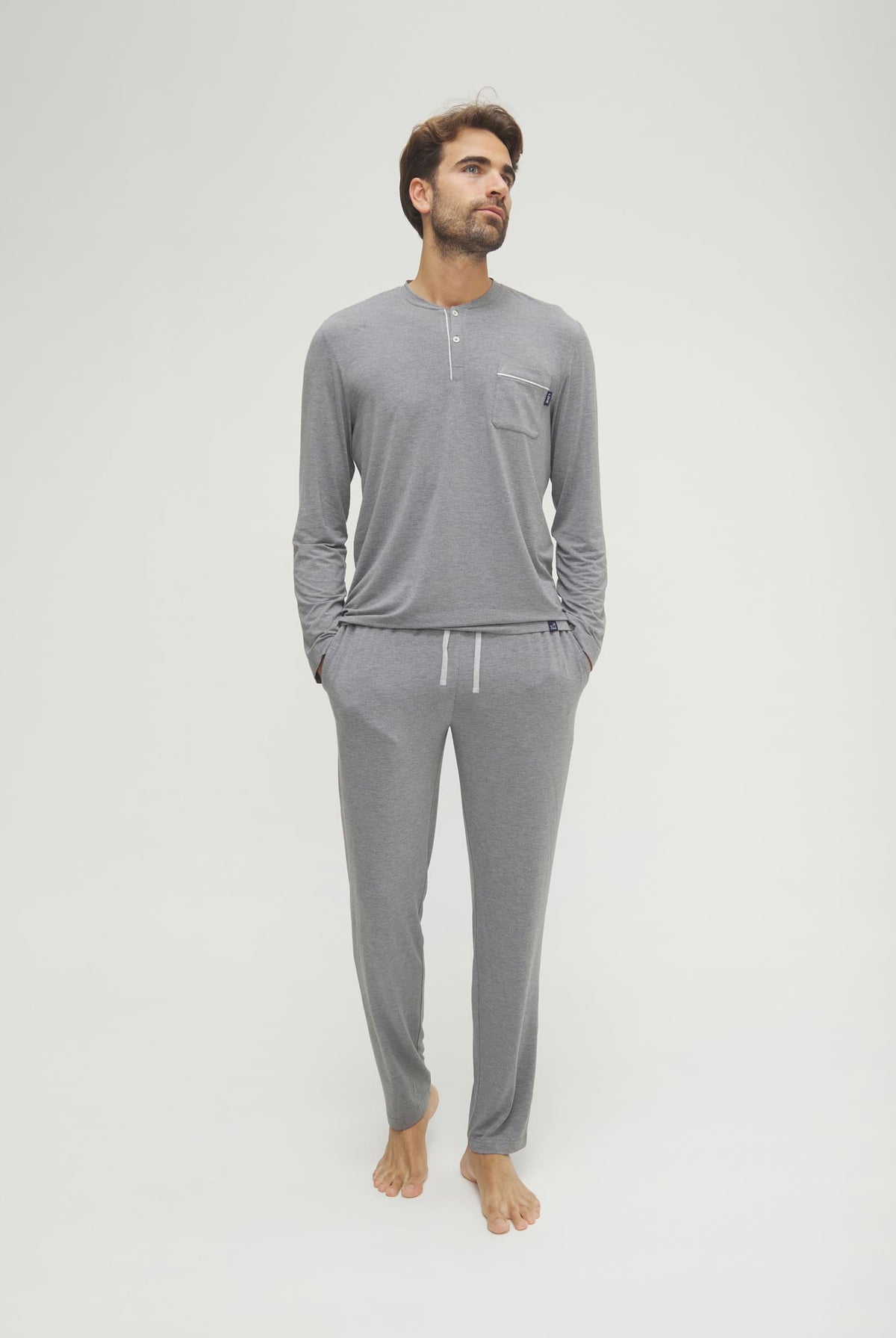 Pijama de hombre de invierno manga larga modal marino con botones