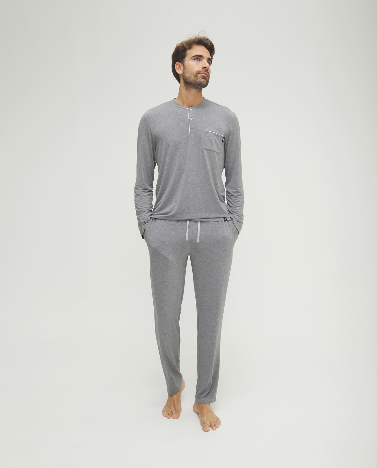 Pijama de hombre de invierno manga larga modal marino con botones