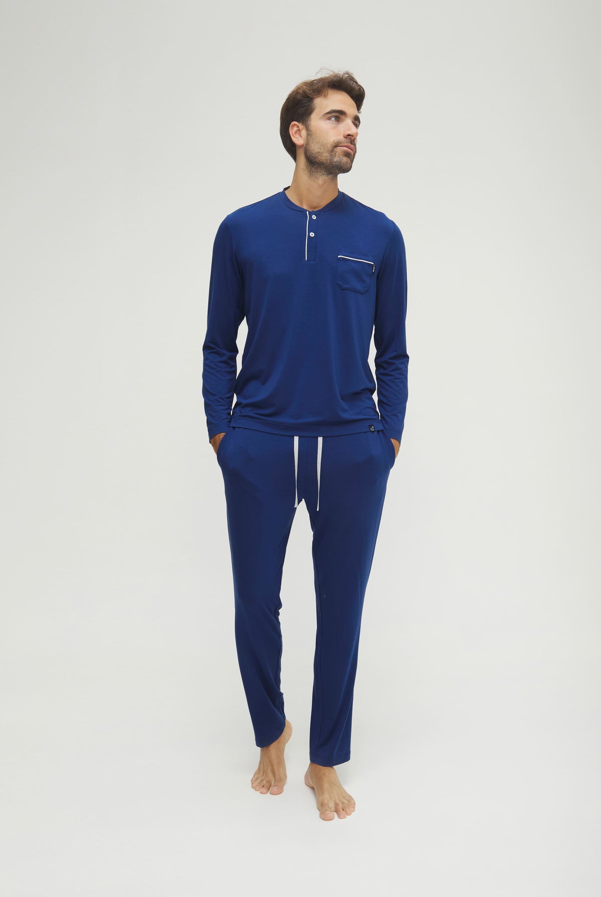 Pijama de hombre de invierno manga larga modal marino con botones