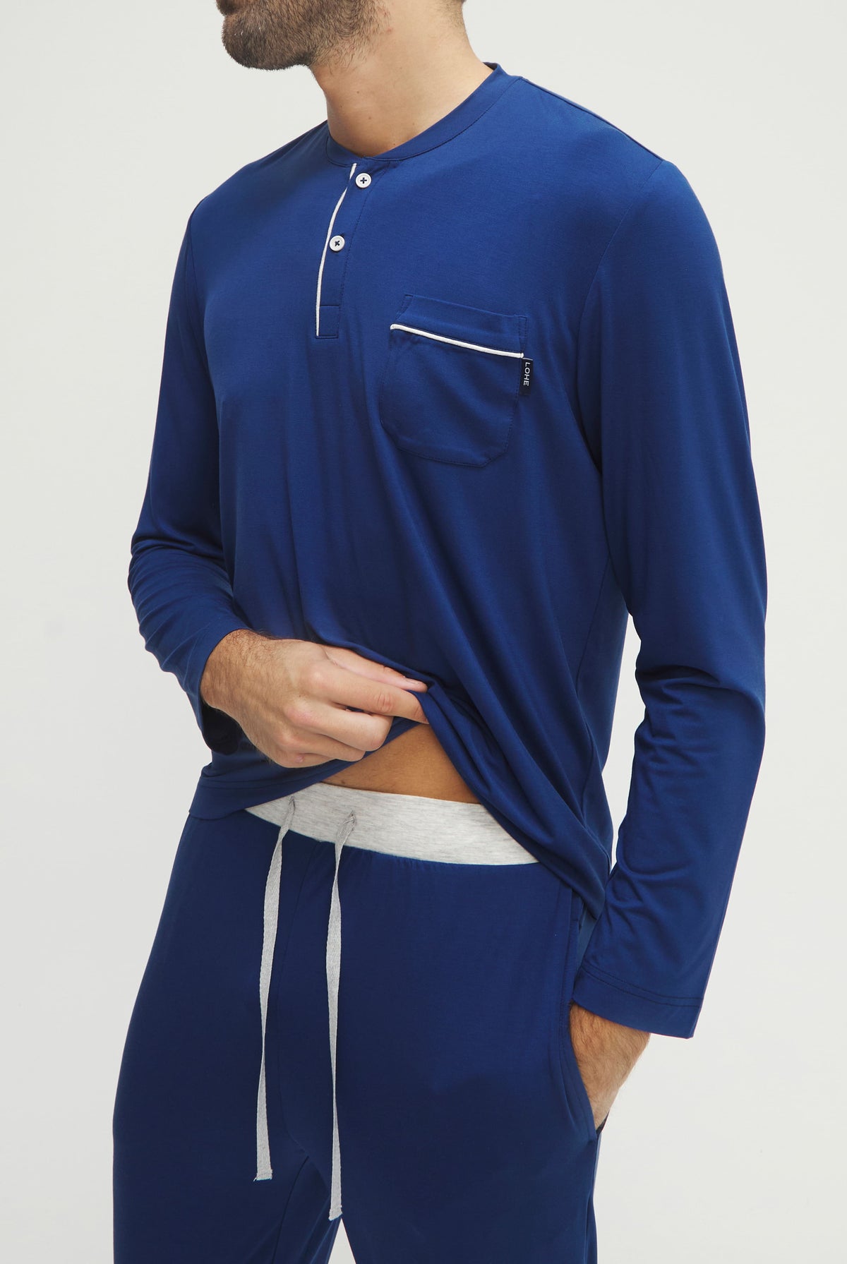 Pijama de hombre de invierno manga larga modal marino con botones