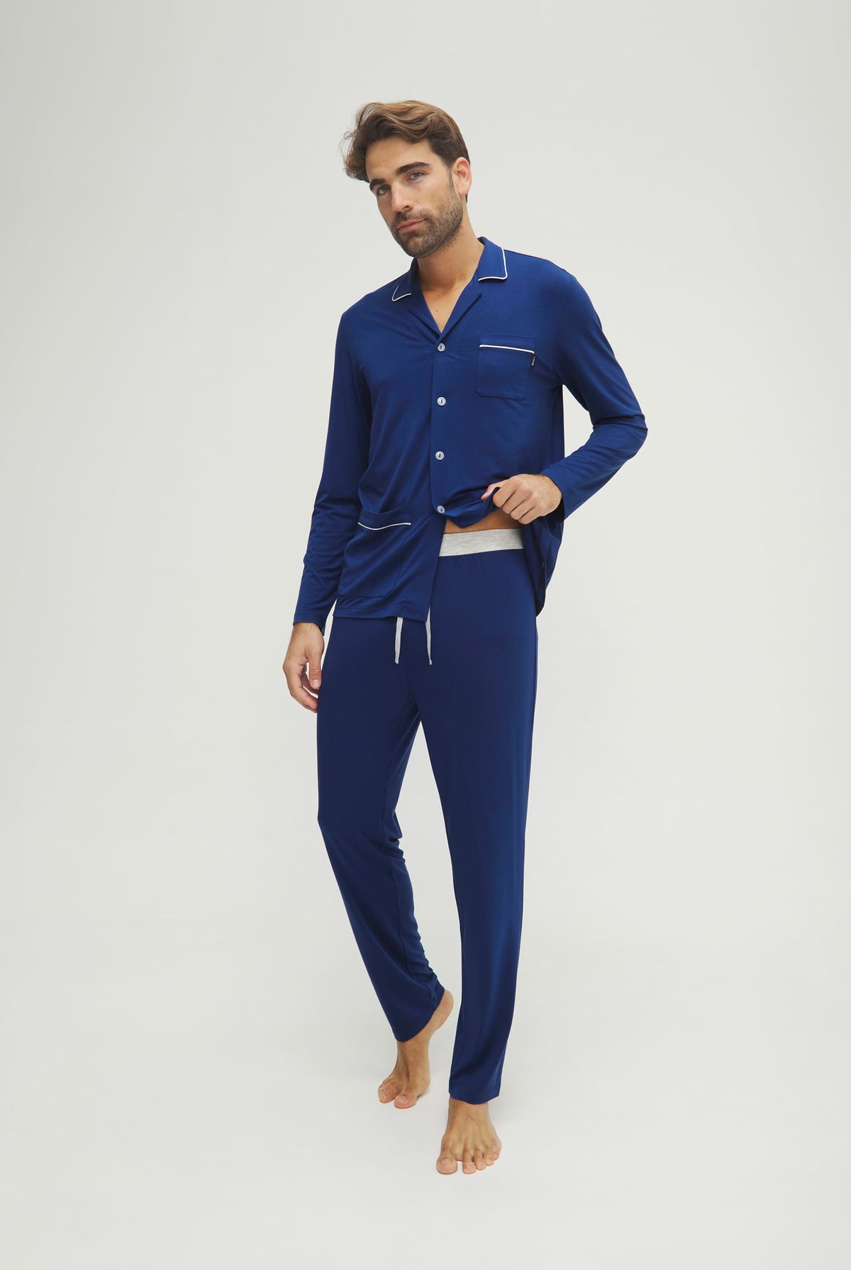 Pijama de hombre de invierno manga larga modal marino abierto