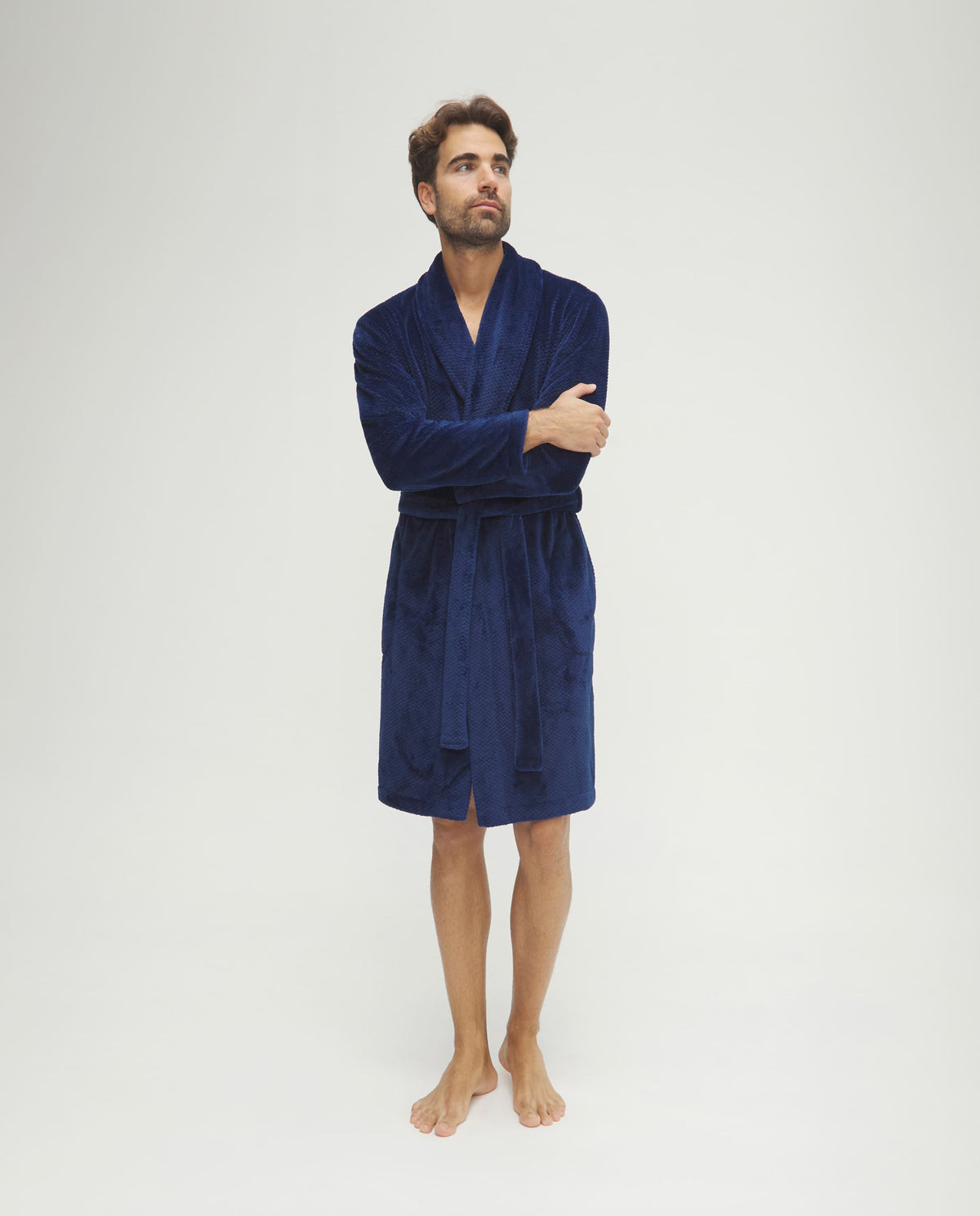 Bata de hombre de invierno jacquard azul con cinturón