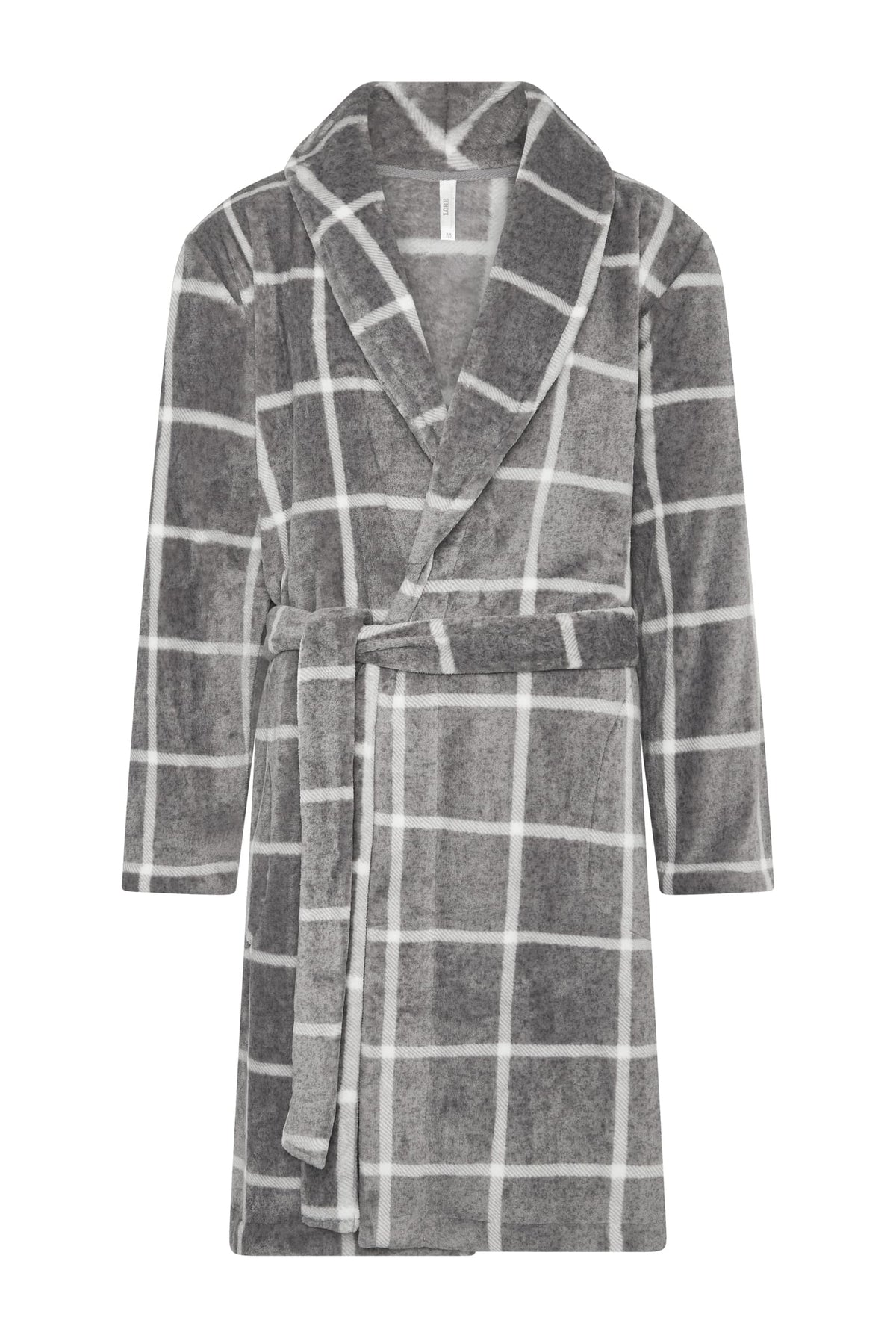 Bata de hombre de invierno gris de cuadros con cinturón