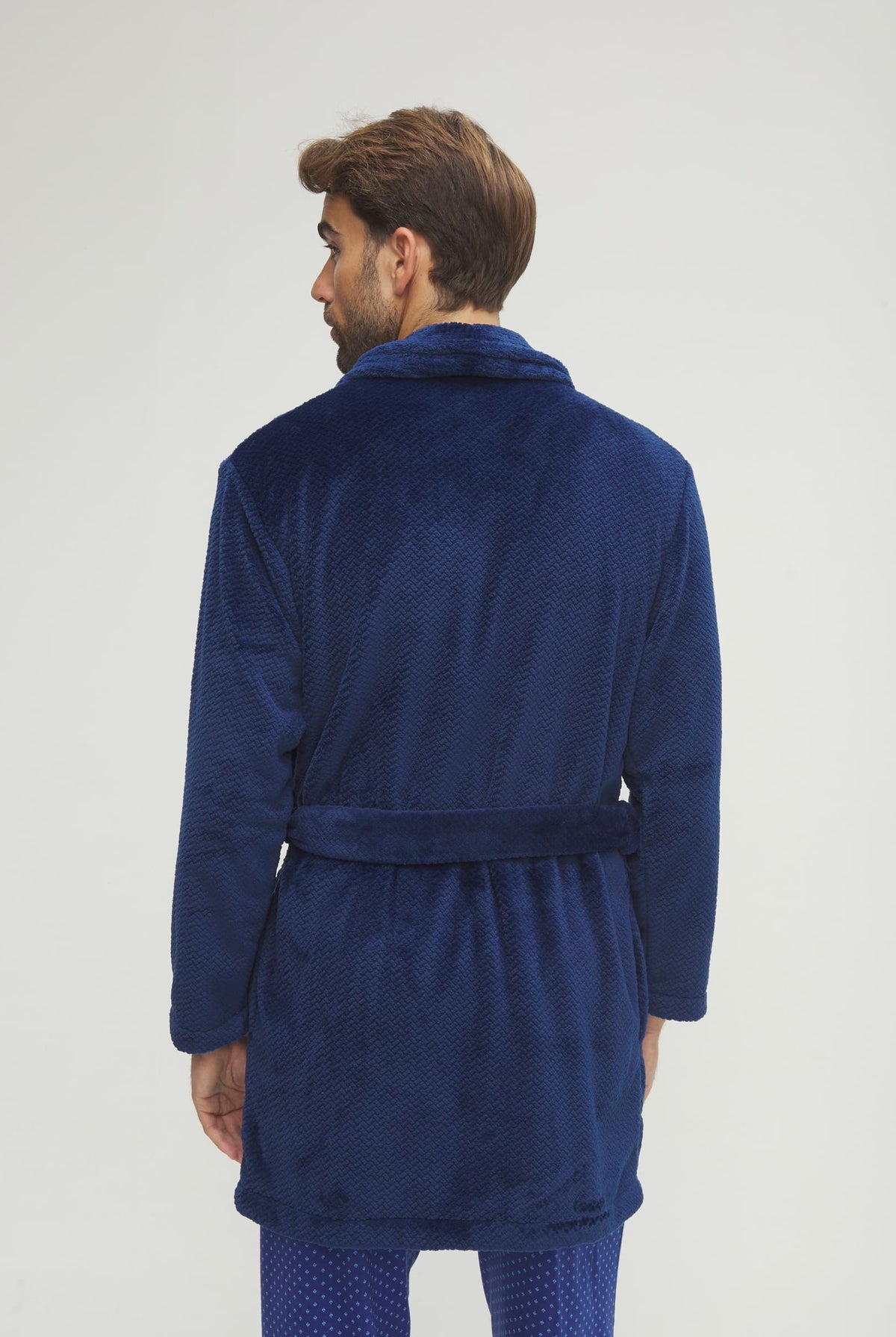 Bata corta de hombre de invierno jacquard azul con cinturón