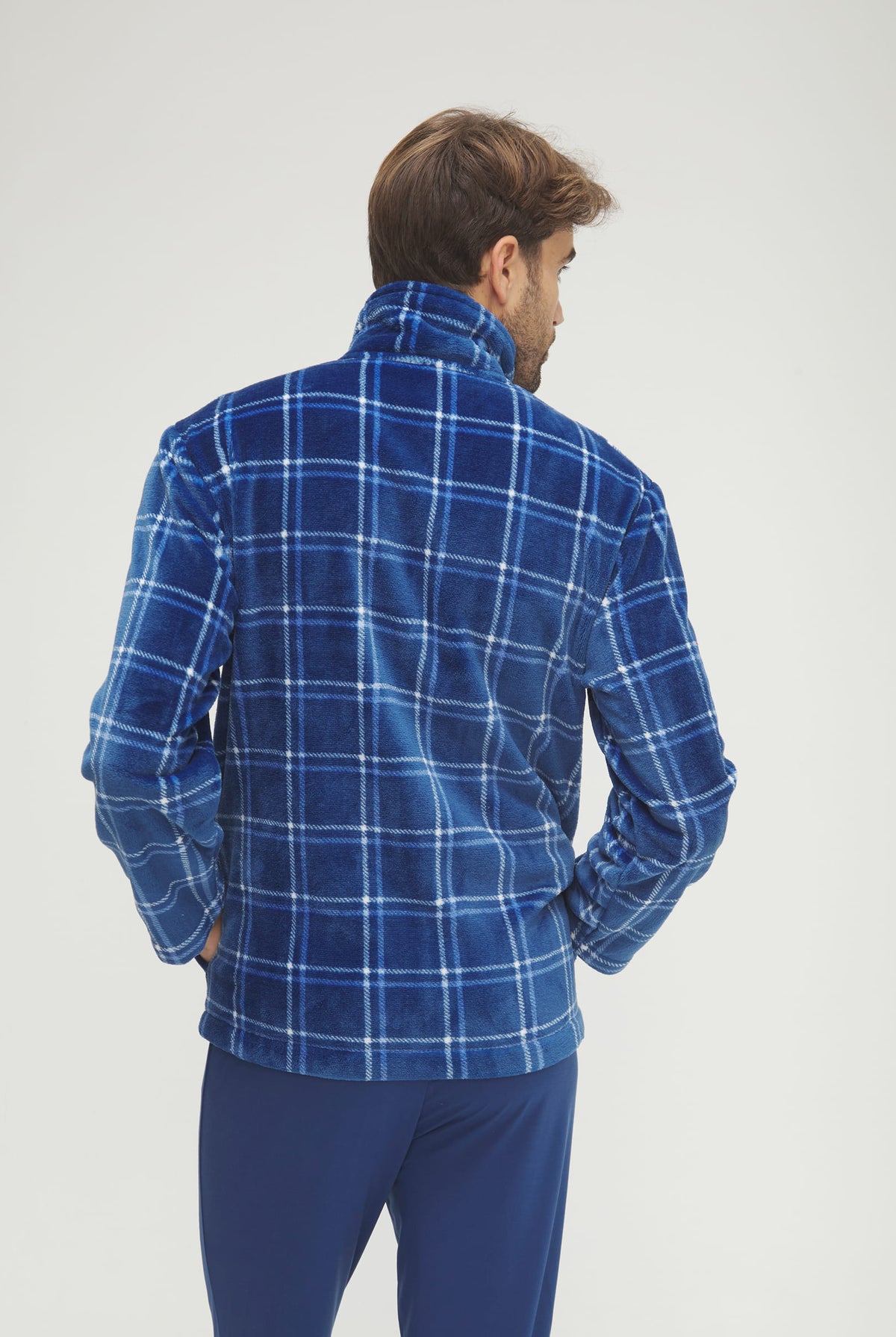 Bata corta de hombre de invierno azul de cuadros con cremallera