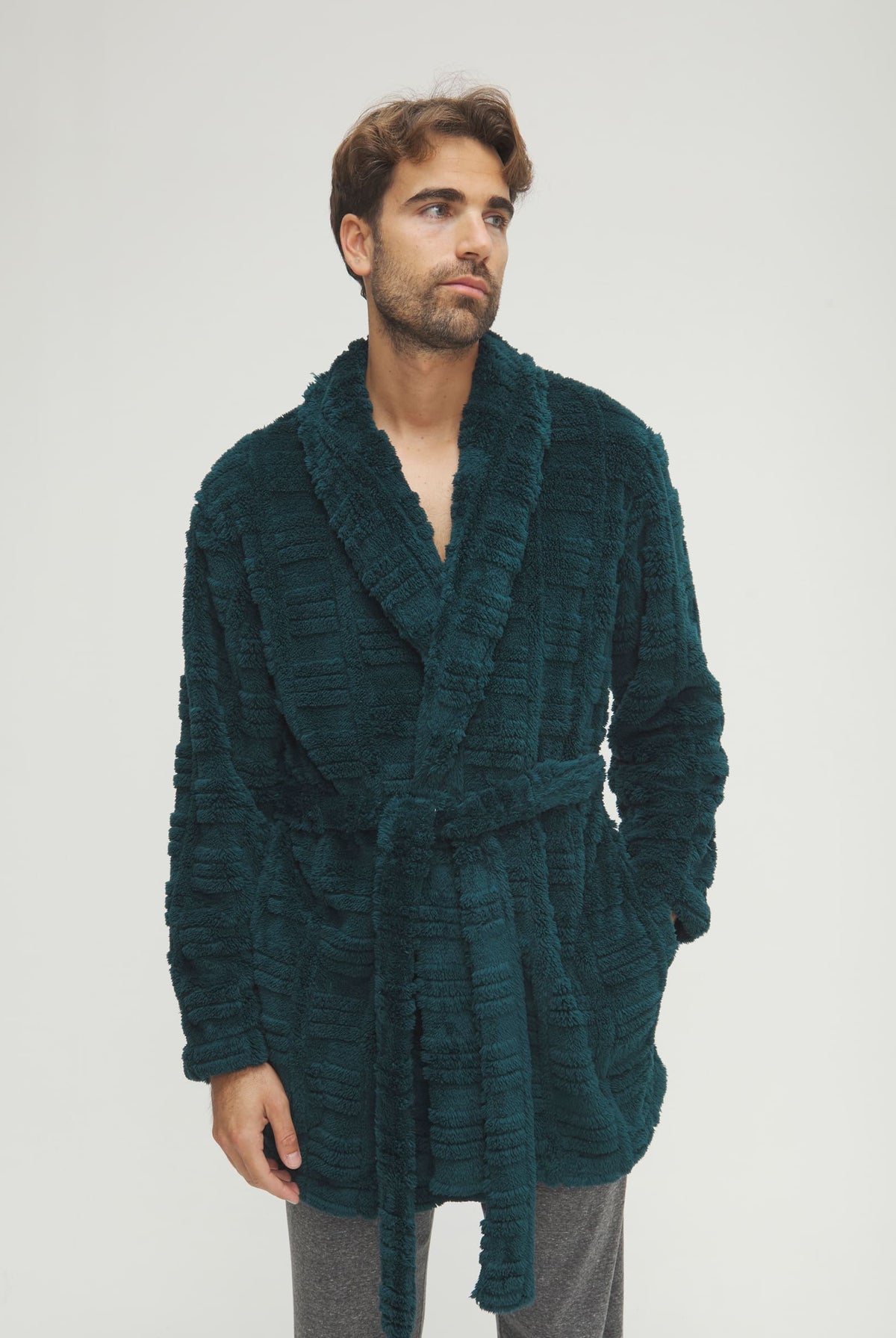 Bata corta de hombre de invierno jacquard verde con cinturón