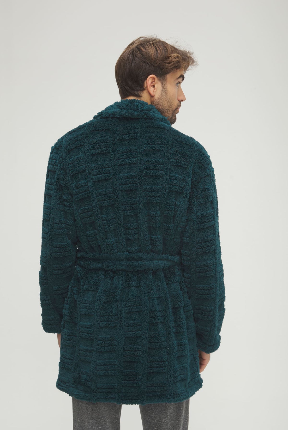 Bata corta de hombre de invierno jacquard verde con cinturón