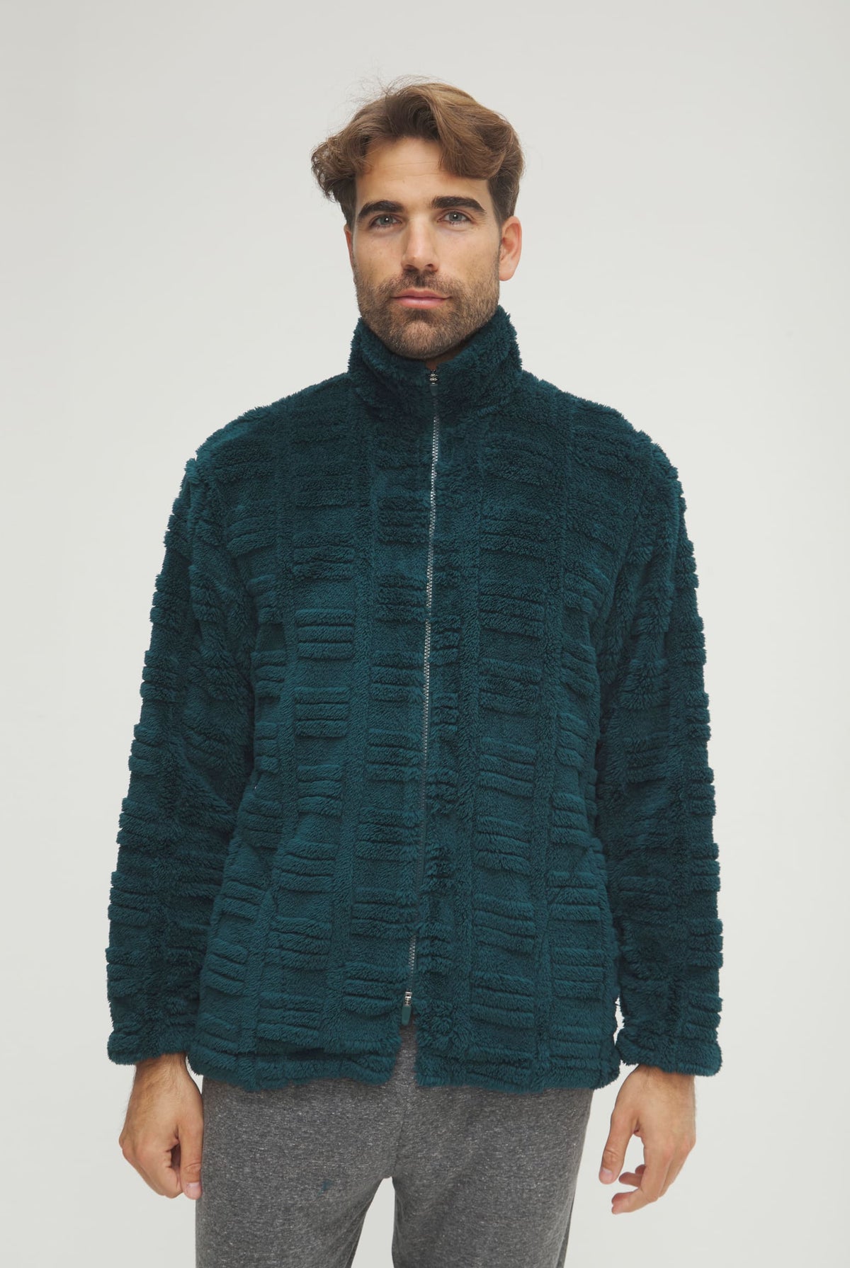 Bata corta de hombre de invierno jacquard verde con cremallera