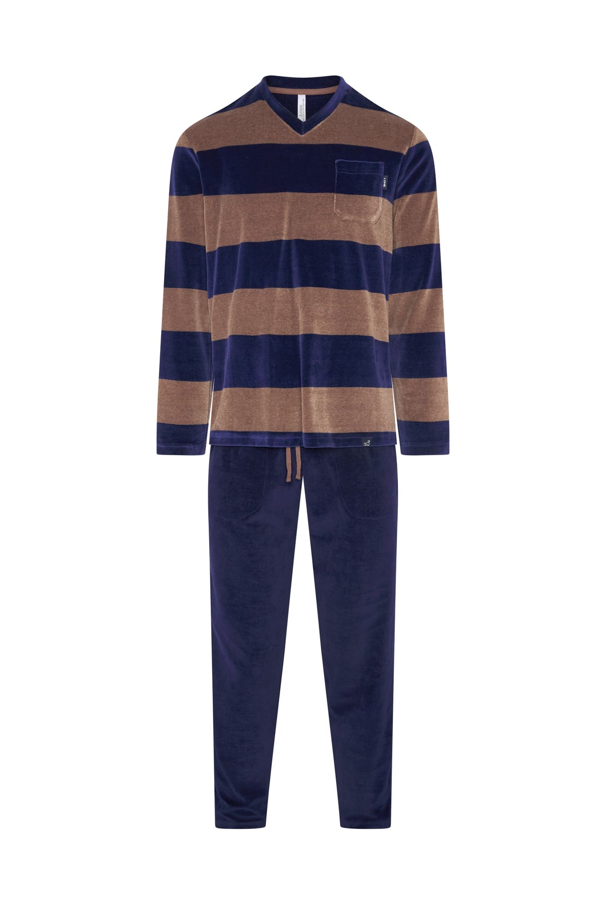 Pijama de hombre de invierno manga larga terciopelo marrón de rayas