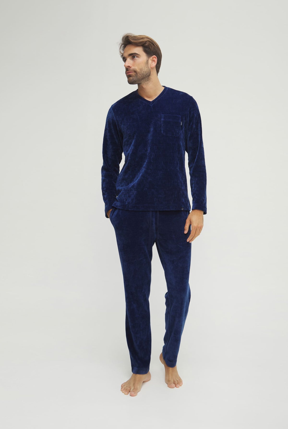 Pijama de hombre de invierno manga larga terciopelo azul de cuadritos