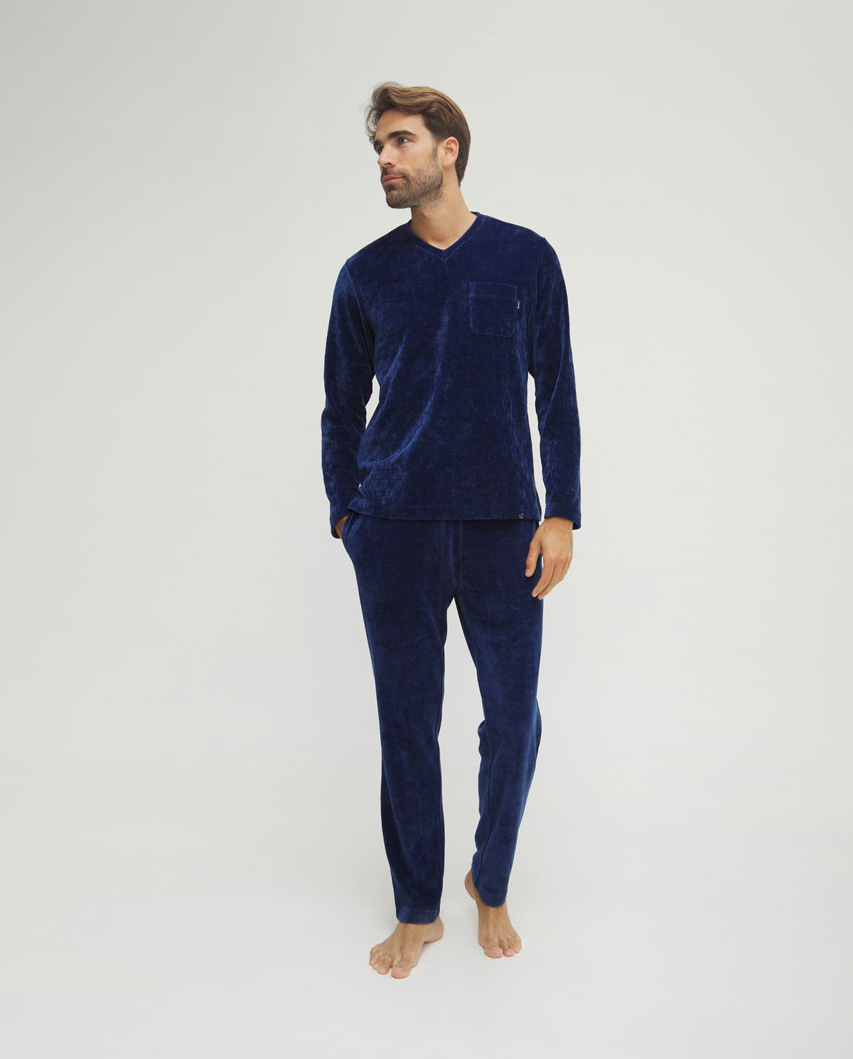 Pijama de hombre de invierno manga larga terciopelo azul de cuadritos