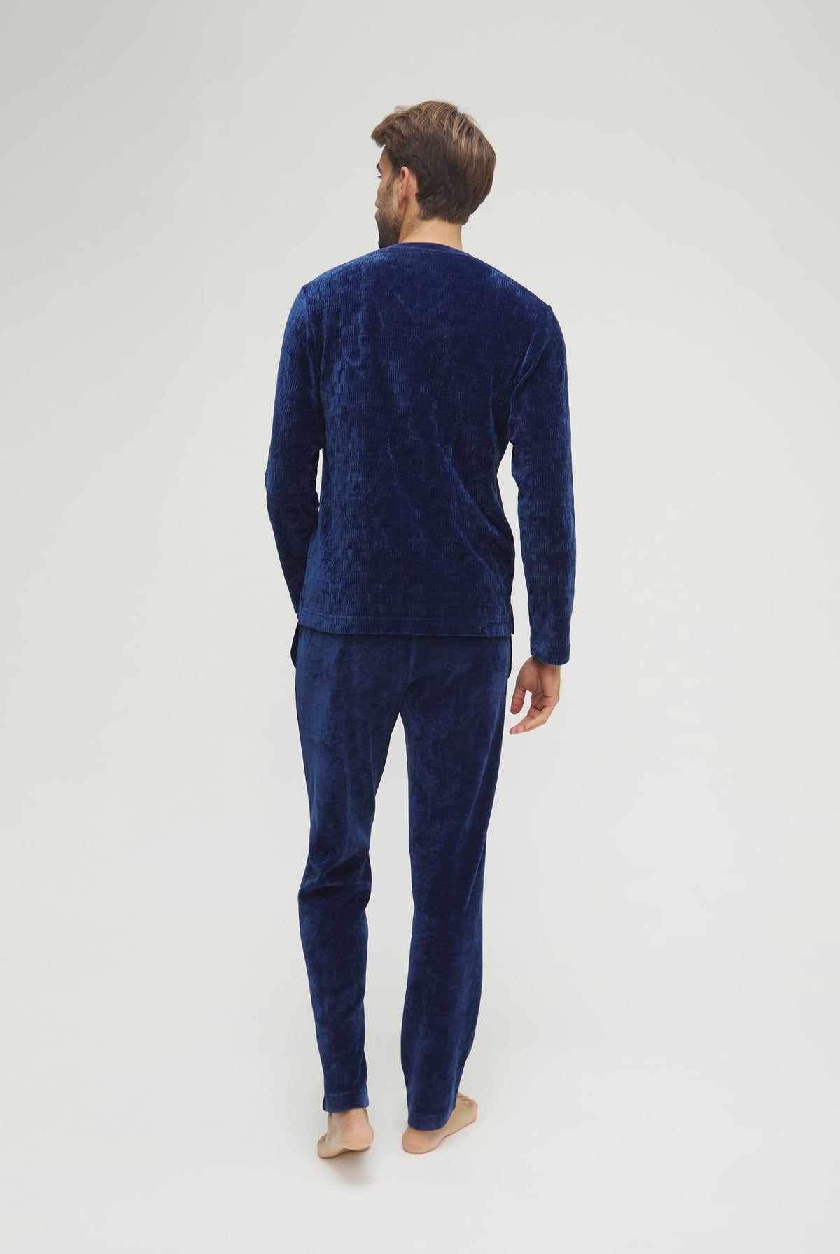 Pijama de hombre de invierno manga larga terciopelo azul de cuadritos