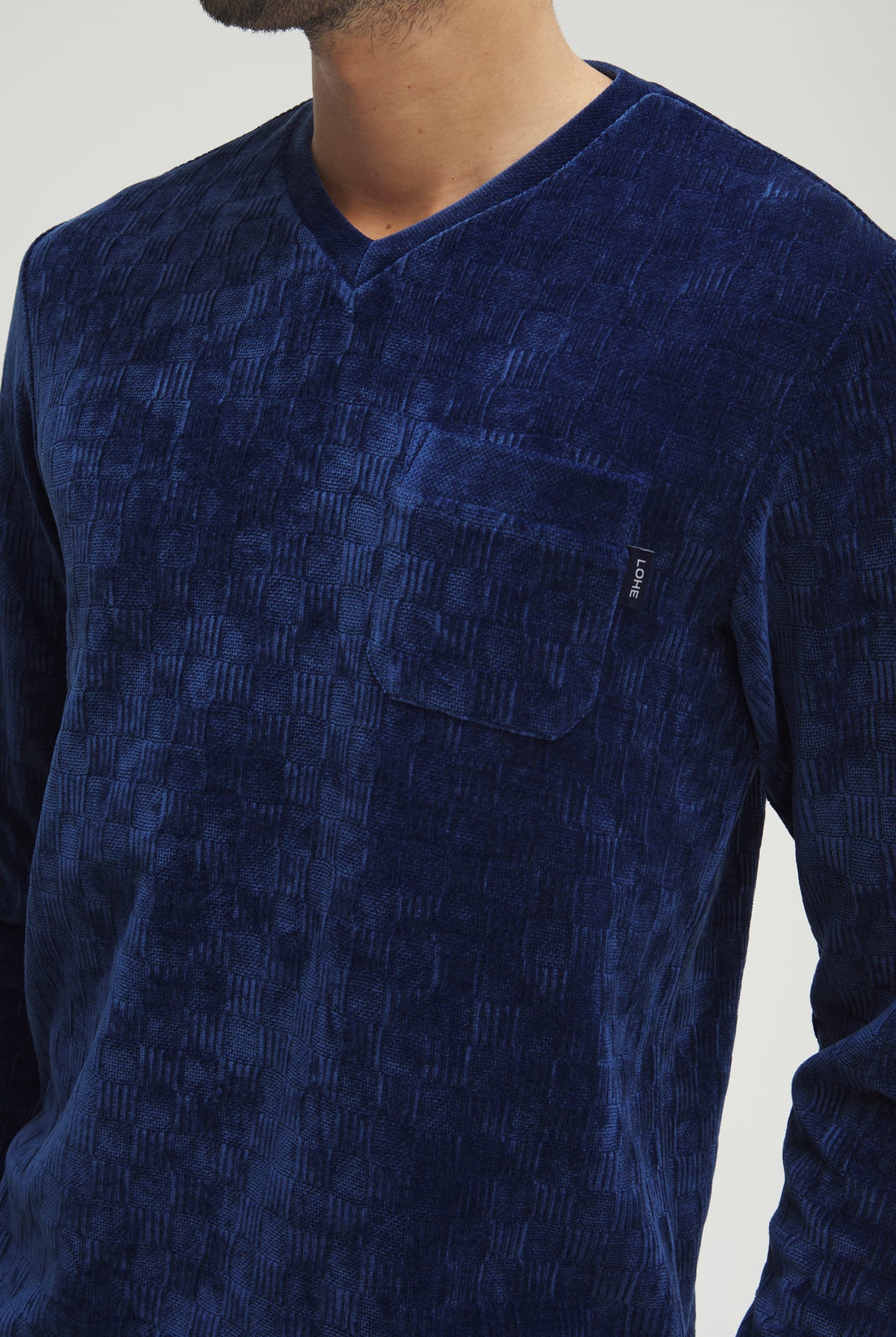 Pijama de hombre de invierno manga larga terciopelo azul de cuadritos