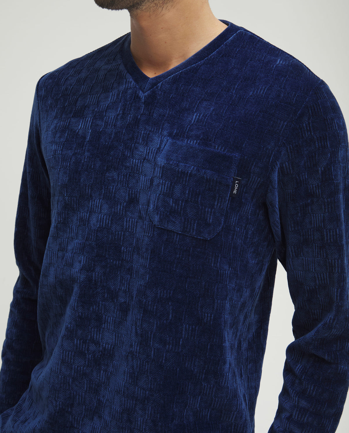 Pijama de hombre de invierno manga larga terciopelo azul de cuadritos