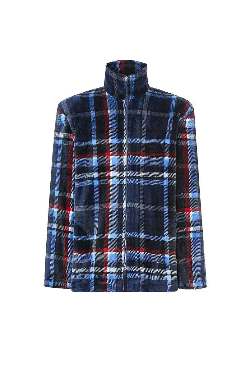 bata de caballero corta con cremallera, manga larga y cuello alto, diseño de cuadros azul, negro, rojo y blanco