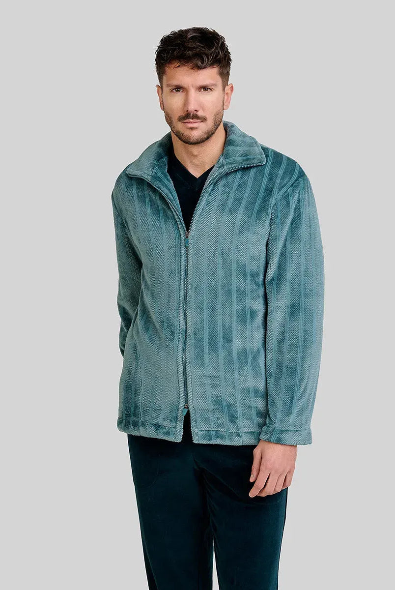Hombre con bata corta de invierno verde jacquard rayas y bolsillos laterales