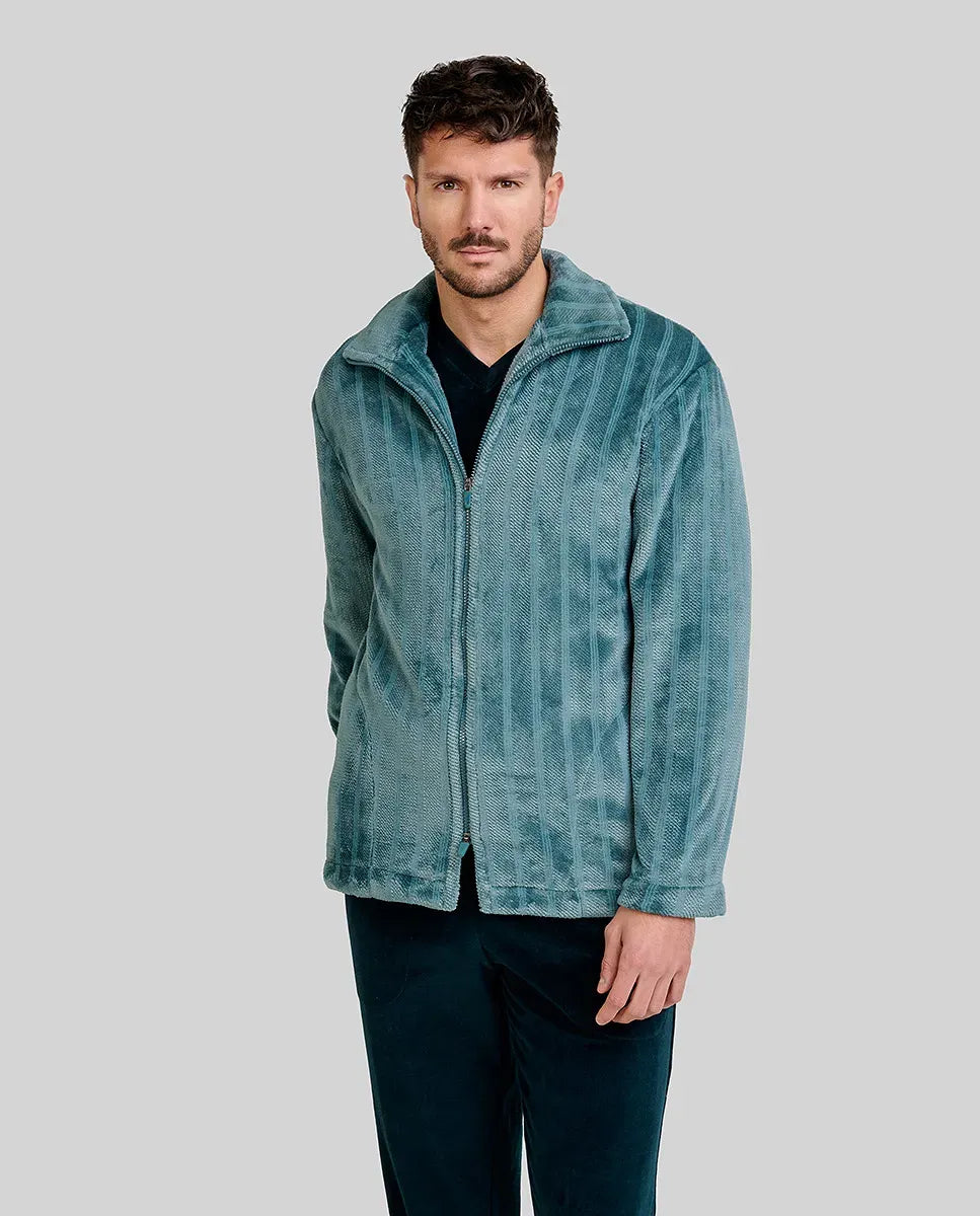 Hombre con bata corta de invierno verde jacquard rayas y bolsillos laterales
