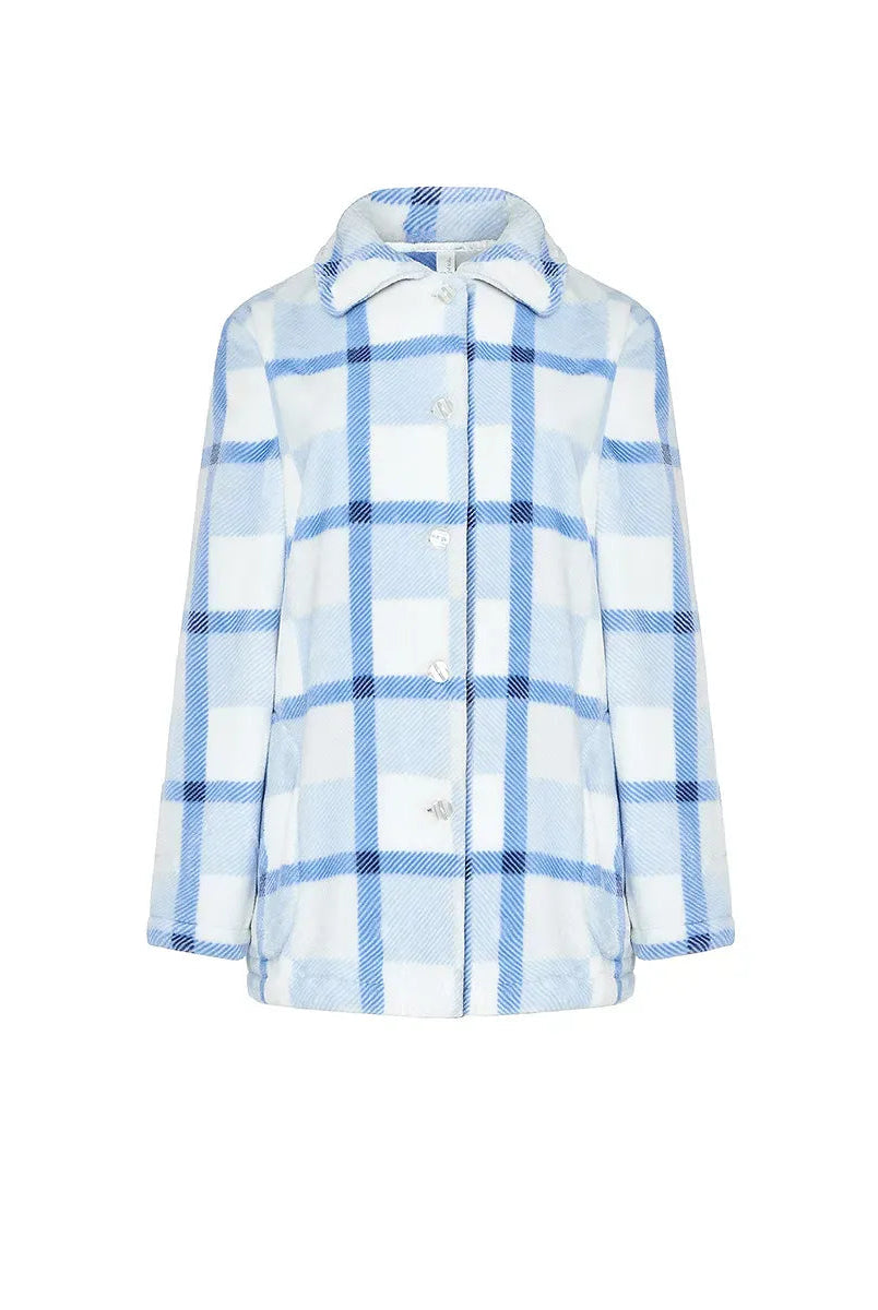 Suave y confortable bata corta de mujer a cuadros azul claro y blanco, de manga larga y cuello abierto